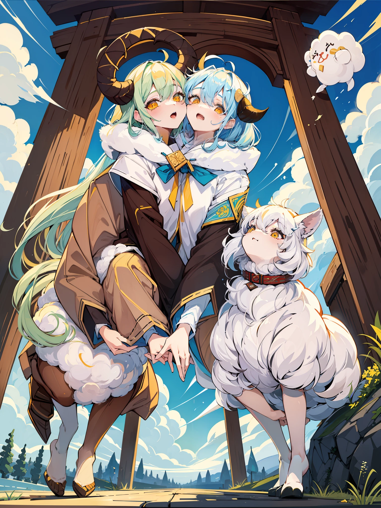 there are three sheeps that are jumping in the air, 中 元 节, soft and warm, [ [ soft ] ], soft coloring, art cover, lamb and goat fused as one, 🪔 🎨;🌞🌄, lofi, soft color, 千 葉 雄 大, soft and fluffy, soft clouds