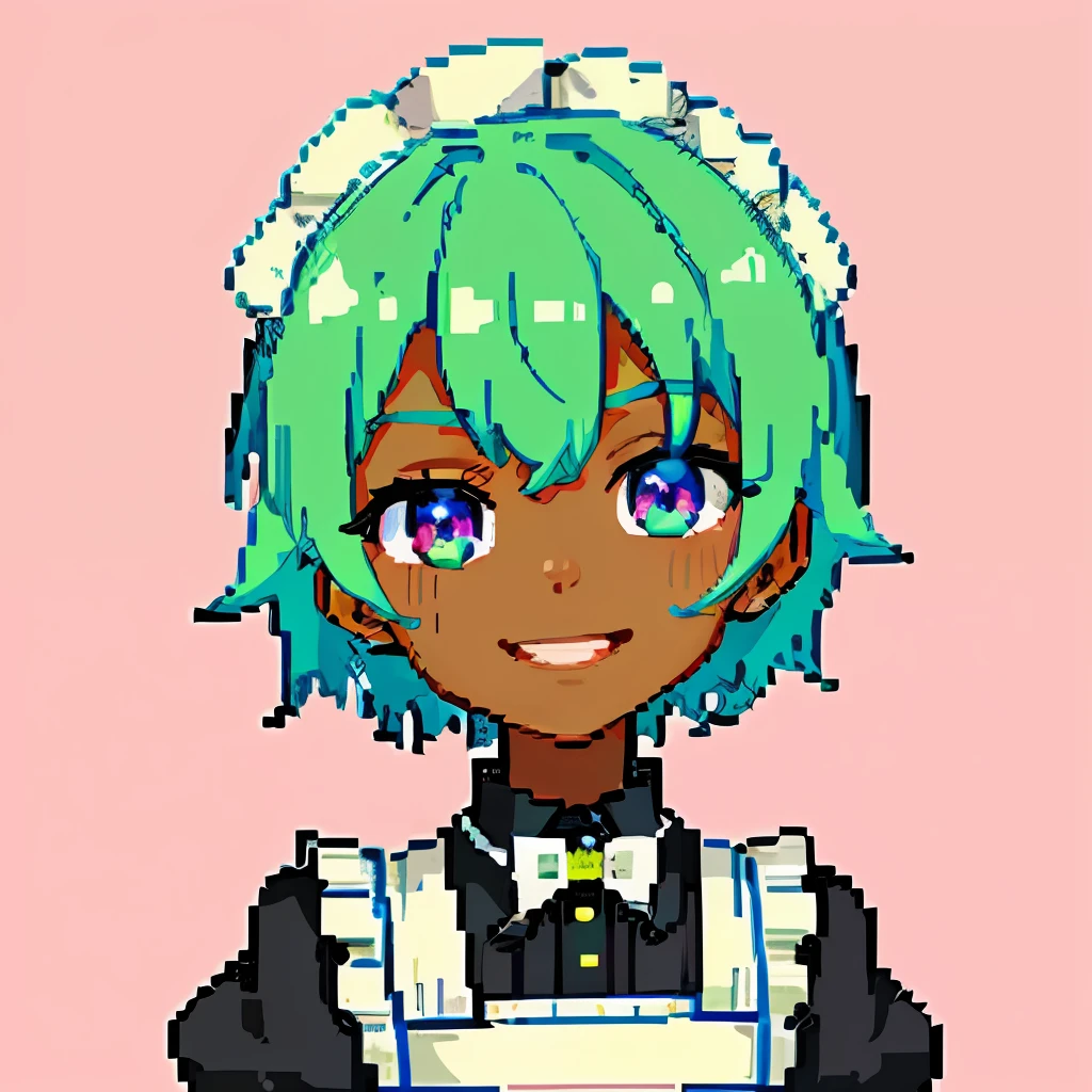 (1male), android, robot, {portrait shot, icon}, flat background, {maid outfit}, (light green hair), messy short hair, smiling, (pink eyes), ((high quality, absurdres, masterpiece)), ((dark skin)), {{{pixel, pixel art}}}