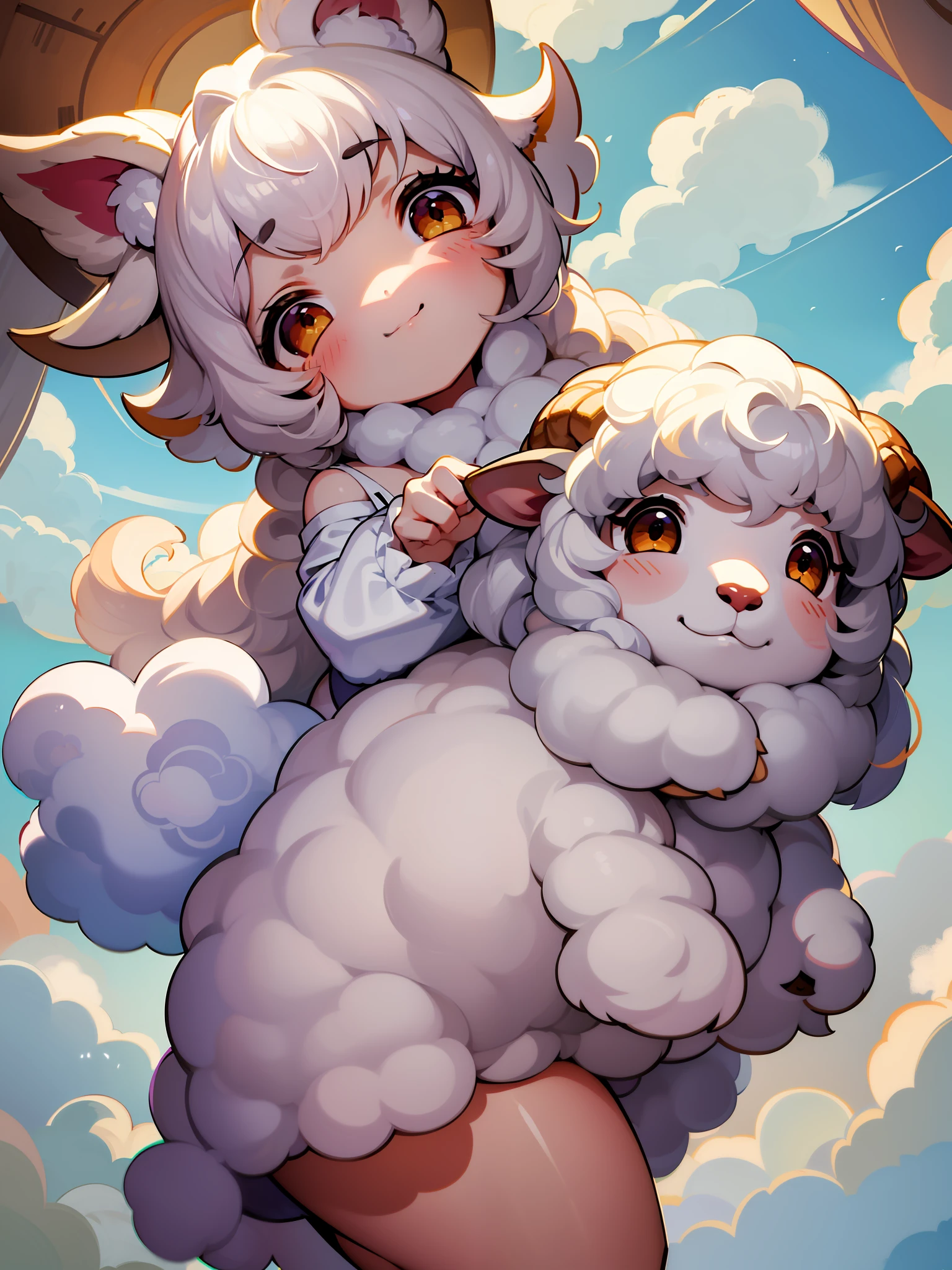 there are three sheeps that are jumping in the air, 中 元 节, soft and warm, [ [ soft ] ], soft coloring, art cover, lamb and goat fused as one, 🪔 🎨;🌞🌄, lofi, soft color, 千 葉 雄 大, soft and fluffy, soft clouds