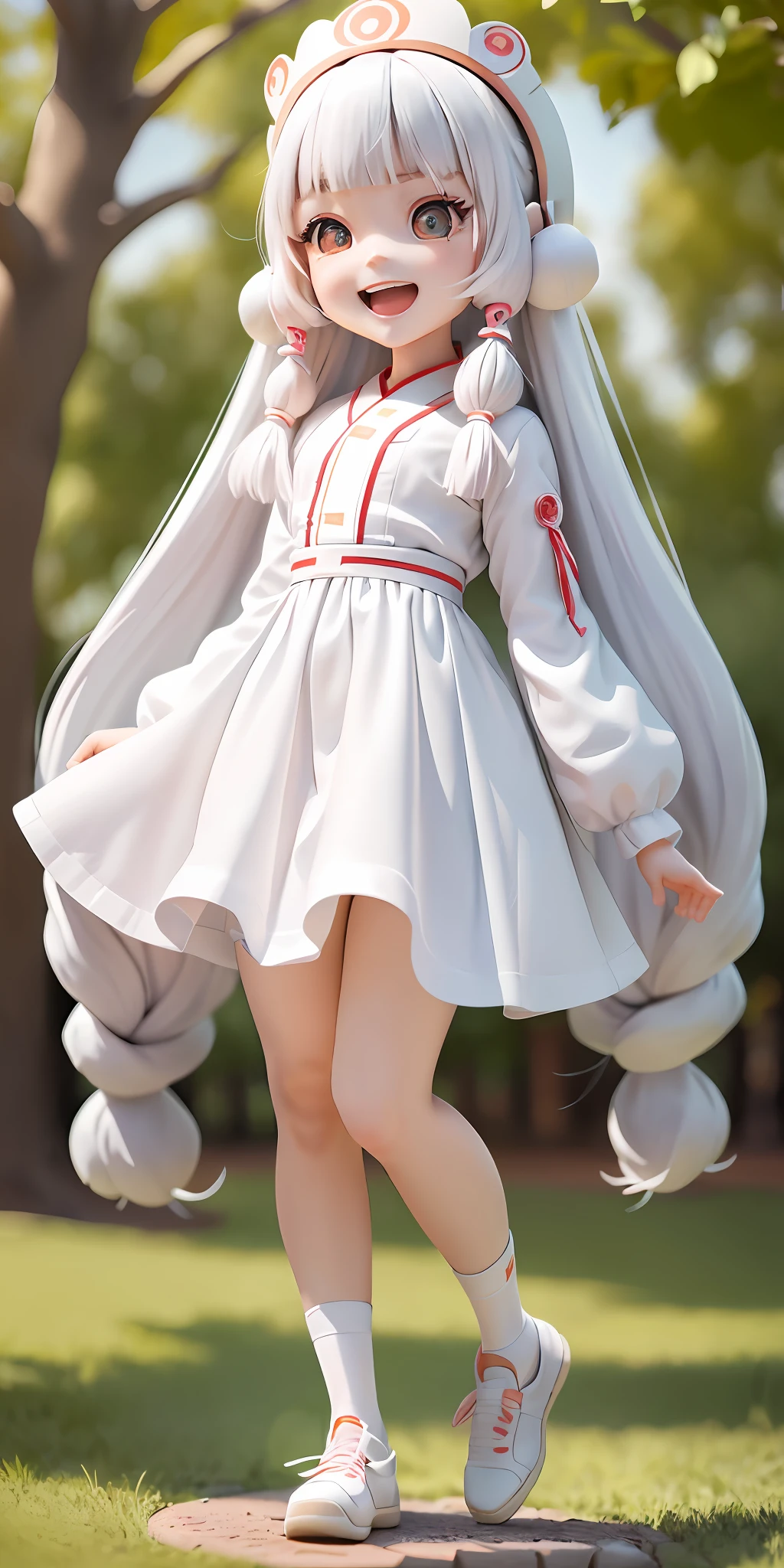 (Daisaku), (Extreme), (Ultra Detailed), (Prime: 1.8), 1girl, Sunshine, Cute, White, (Big Head: 1.5), Doll, Smile, Open Mouth, Urban, Fashion, Blush, Tree, Shirt, Long Hair, Red, White Headdress, Confusion, Long Sleeves, Bangs, White Hair, (Beautiful and Delicate Face), (Beautiful Delicate Eyes),