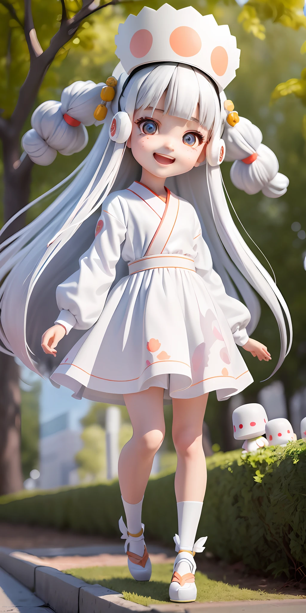 (Daisaku), (Extreme), (Ultra Detailed), (Prime: 1.8), 1girl, Sunshine, Cute, White, (Big Head: 1.5), Doll, Smile, Open Mouth, Urban, Fashion, Blush, Tree, Shirt, Long Hair, Red, White Headdress, Confusion, Long Sleeves, Bangs, White Hair, (Beautiful and Delicate Face), (Beautiful Delicate Eyes),