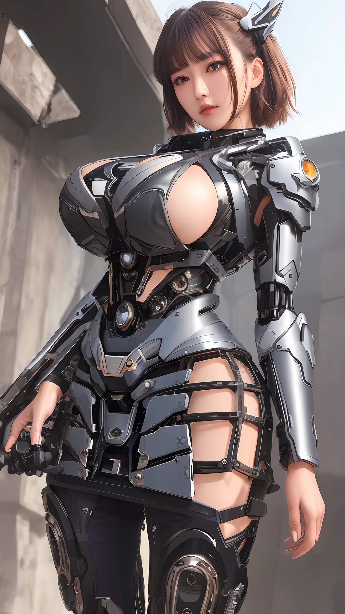 (8k, masterpiece, best quality), ultra-detailed, detailed beautiful round eyes, beautifully detailed face, high quality, high resolution, mecha girl wearing  outfit, massive , (see-through dress:1.2), mecha, ruins, perfect , perfect face, midnight, short hair