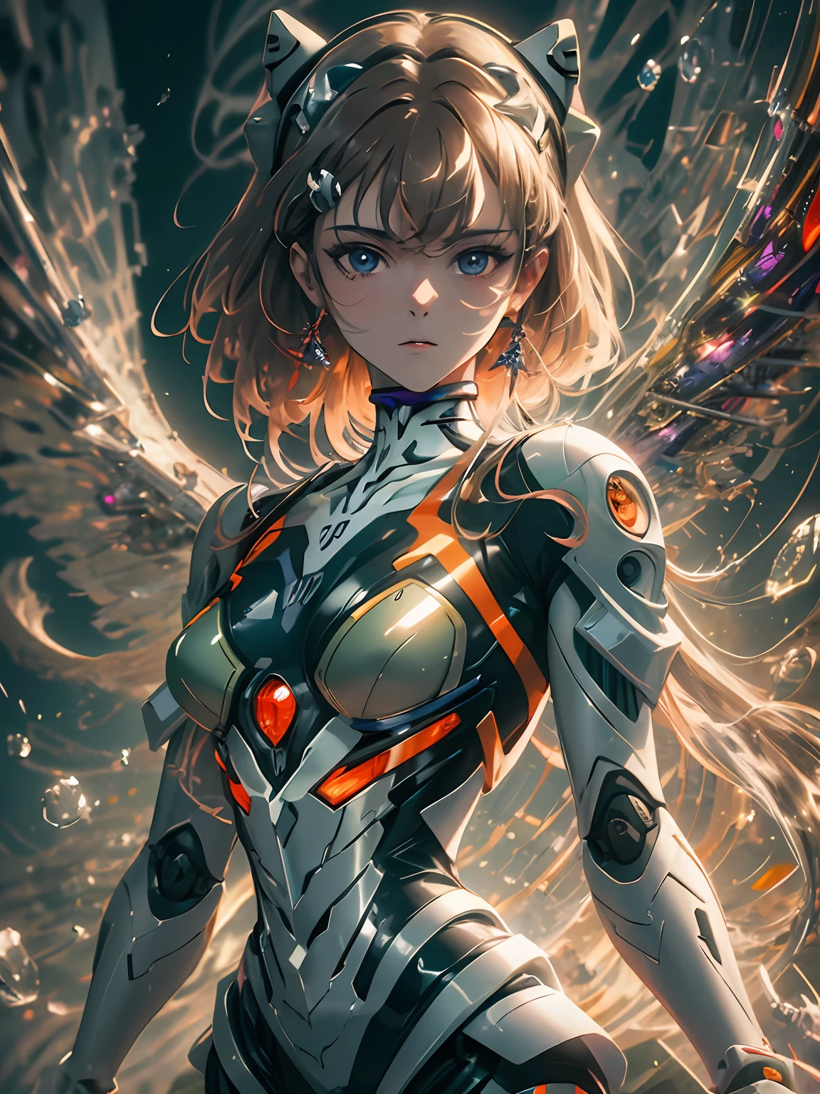 masterpiece, best quality, ultra-detailed, illustration, 1girl, highly detailed evangelion costume, (large robot background), detailed skin texture, beautiful detailed face, upper body, intricate details, ultra detailed