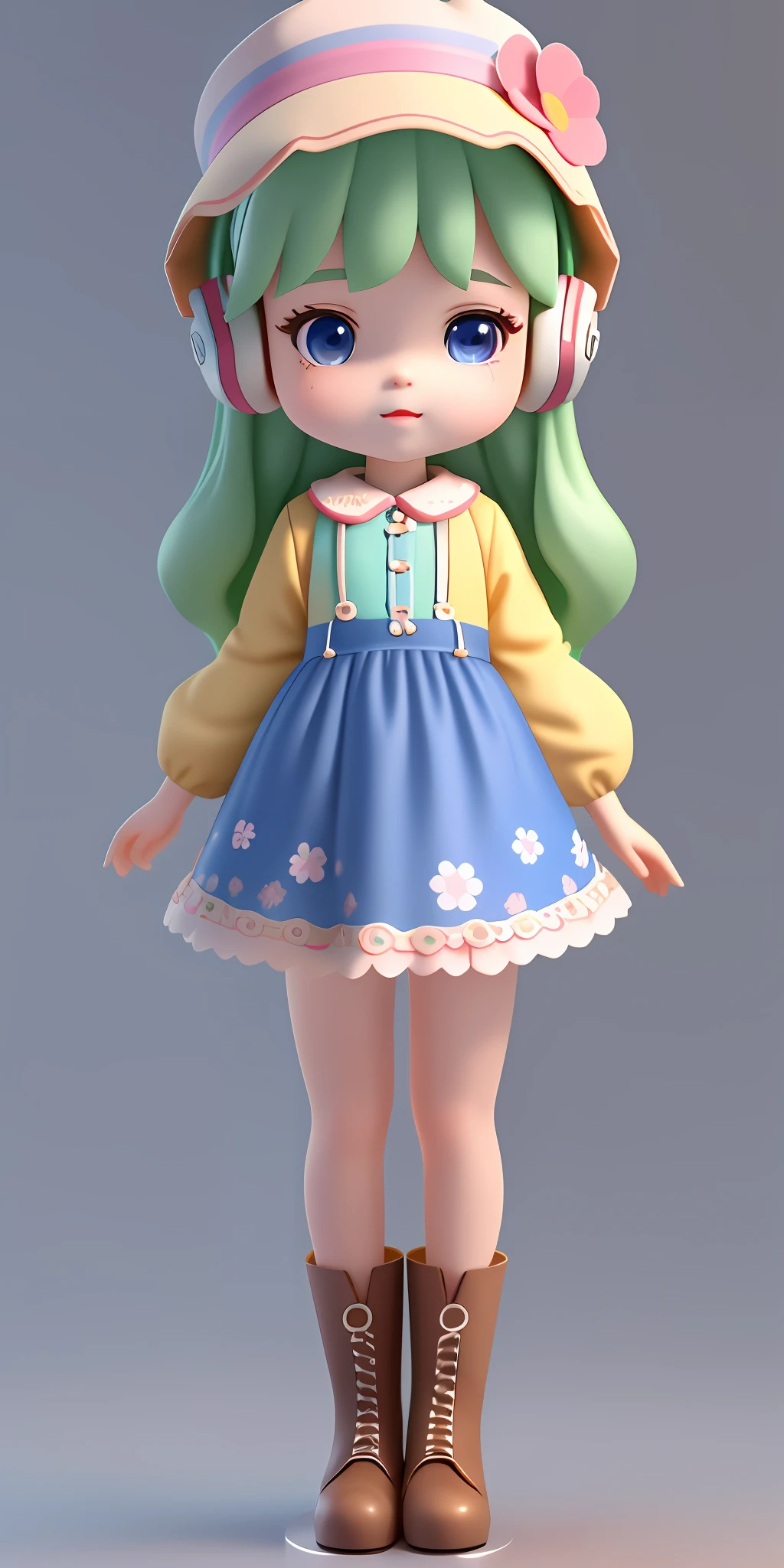 a Super cute girl ,Wearing a floral dress,Wearing boots,Wearing a hat and earphones，big watery eyes,full body,looking at viewer,open hands，MD clothing, clothing wrinkles，clean background,dreamy,excited,super cute girl IP by pop mart ,high detail ,hyper quality,Bright color,mockup blind box toy,disney style ,fine luster,3D render,oc render,best quality ,bright,front lighting,Face Shot,fine luster,ultra detoiled ，8k,