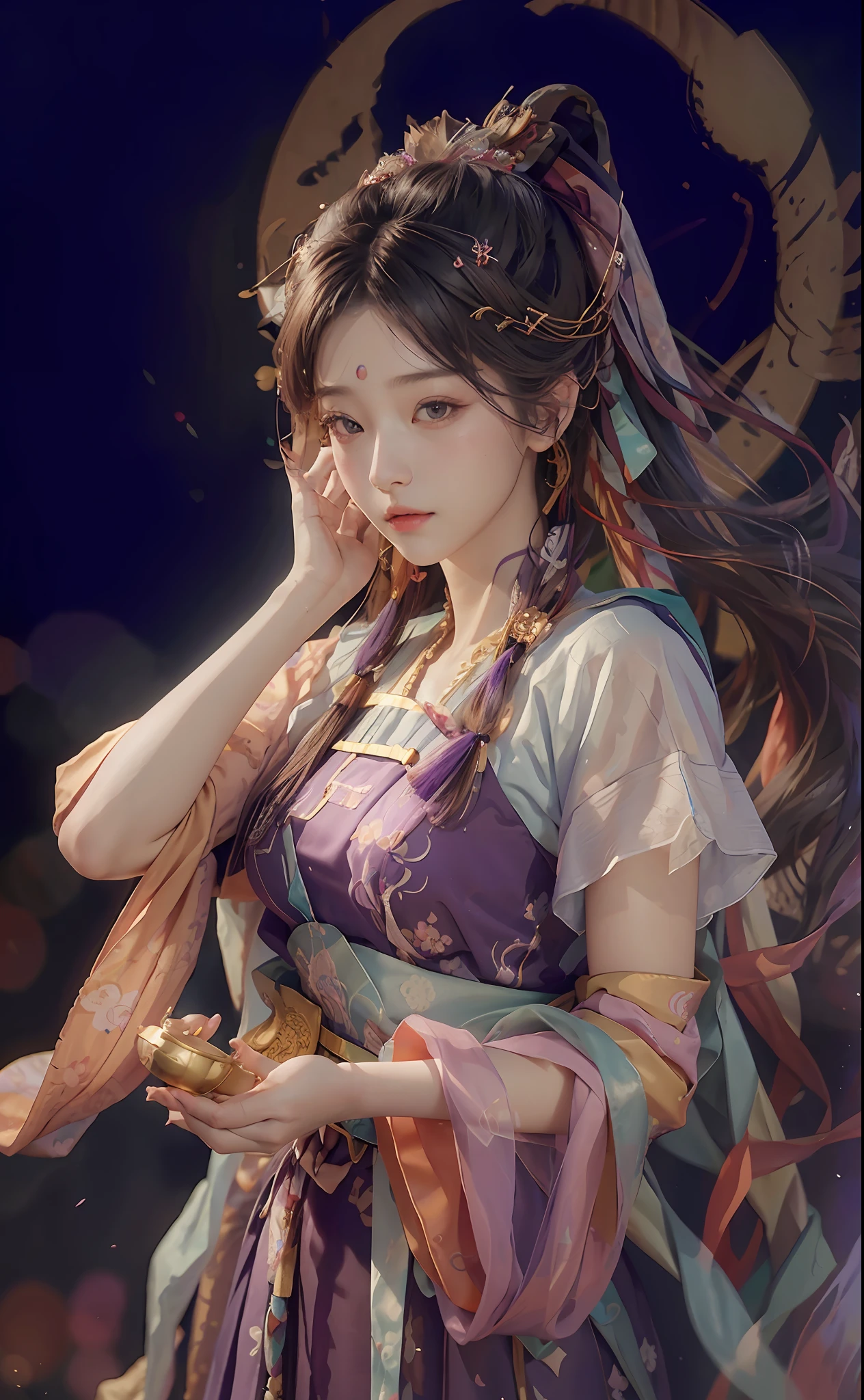(raw photo, best quality), (realistic, photo realistic: 1. 3), purple hanbok dress, beautiful headdress, hairpin, water sleeves, 8k wallpaper, ink, amazing, movie lighting, lens_flare, dunhuang_style
