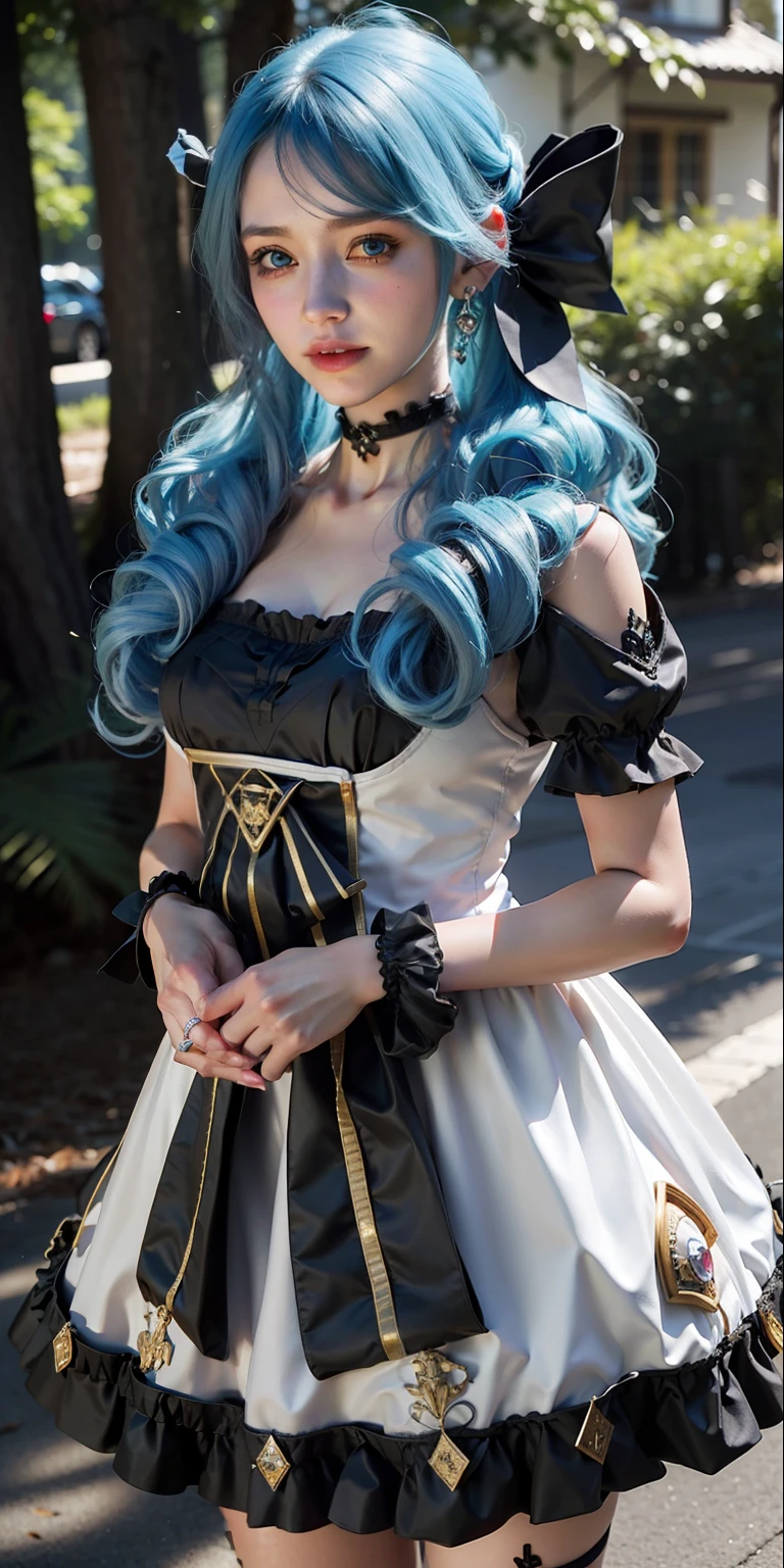 best quality, masterpiece, super high resolution, (realistic:1.4), original photo, 1girl, black bow, black gloves, black legs, blue eyes, blue hair, bow, collarbone, dress, drilled hair, frilled dress, frilled trim, gloves, gwen\ (League of Legends), hair accessory, high resolution, league of legends, long hair, parted lips, fluffy sleeves, pink pupils, smile, solo, white dress, x, x hair ornament, canyon, forest