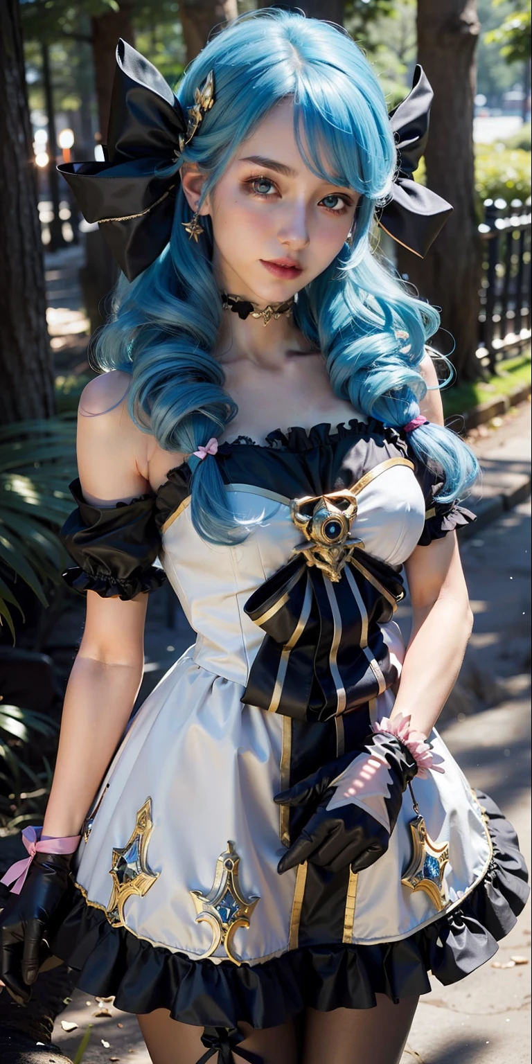 best quality, masterpiece, super high resolution, (realistic:1.4), original photo, 1girl, black bow, black gloves, black legs, blue eyes, blue hair, bow, collarbone, dress, drilled hair, frilled dress, frilled trim, gloves, gwen\ (League of Legends), hair accessory, high resolution, league of legends, long hair, parted lips, fluffy sleeves, pink pupils, smile, solo, white dress, x, x hair ornament, canyon, forest