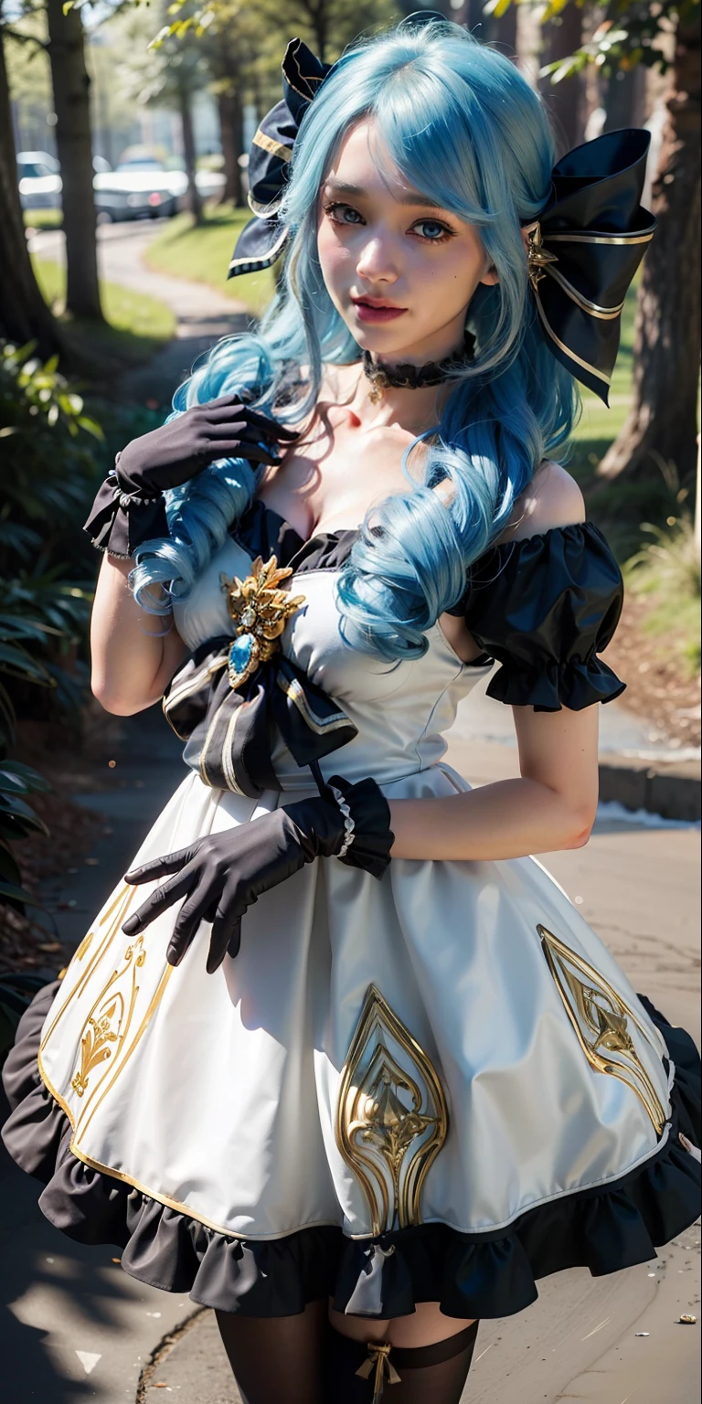 best quality, masterpiece, super high resolution, (realistic:1.4), original photo, 1girl, black bow, black gloves, black legs, blue eyes, blue hair, bow, collarbone, dress, drilled hair, frilled dress, frilled trim, gloves, gwen\ (League of Legends), hair accessory, high resolution, league of legends, long hair, parted lips, fluffy sleeves, pink pupils, smile, solo, white dress, x, x hair ornament, canyon, forest