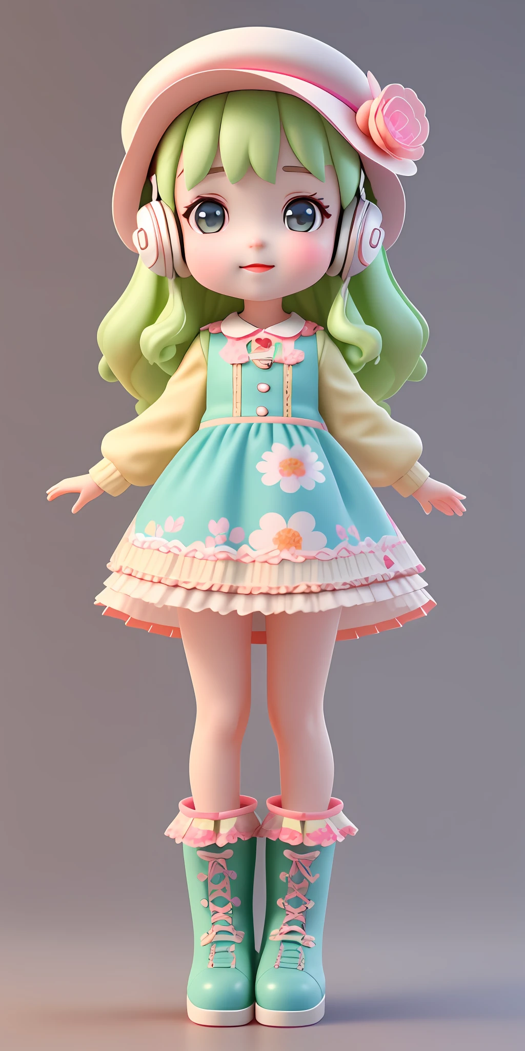 a Super cute girl ,Wearing a floral dress,Wearing boots,Wearing a hat and earphones，big watery eyes,full body,looking at viewer,open hands，MD clothing, clothing wrinkles，clean background,dreamy,excited,super cute girl IP by pop mart ,high detail ,hyper quality,Bright color,mockup blind box toy,disney style ,fine luster,3D render,oc render,best quality ,bright,front lighting,Face Shot,fine luster,ultra detoiled ，8k,