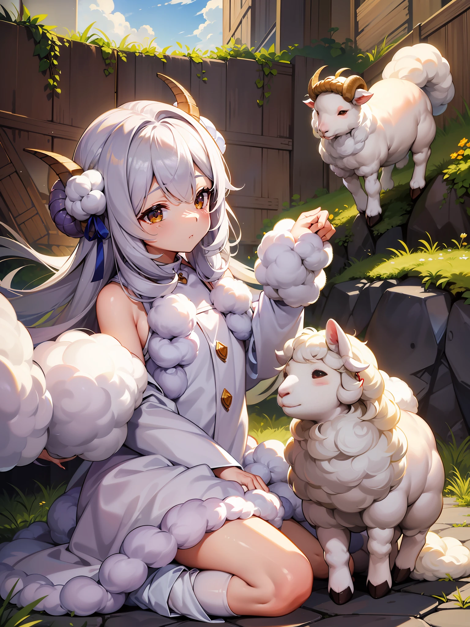 there are three sheeps that are jumping in the air, 中 元 节, soft and warm, [ [ soft ] ], soft coloring, art cover, lamb and goat fused as one, 🪔 🎨;🌞🌄, lofi, soft color, 千 葉 雄 大, soft and fluffy, soft clouds