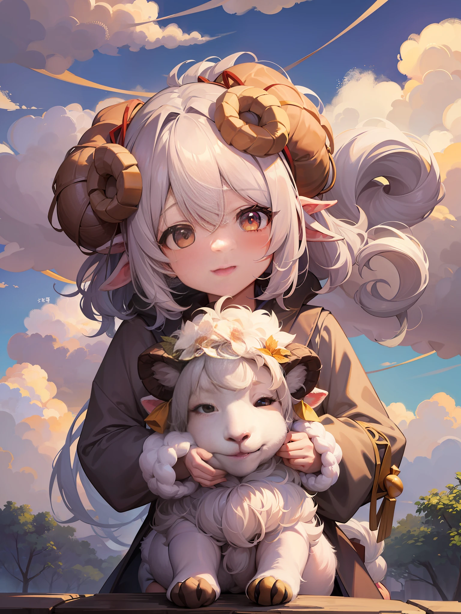 there are three sheeps that are jumping in the air, 中 元 节, soft and warm, [ [ soft ] ], soft coloring, art cover, lamb and goat fused as one, 🪔 🎨;🌞🌄, lofi, soft color, 千 葉 雄 大, soft and fluffy, soft clouds