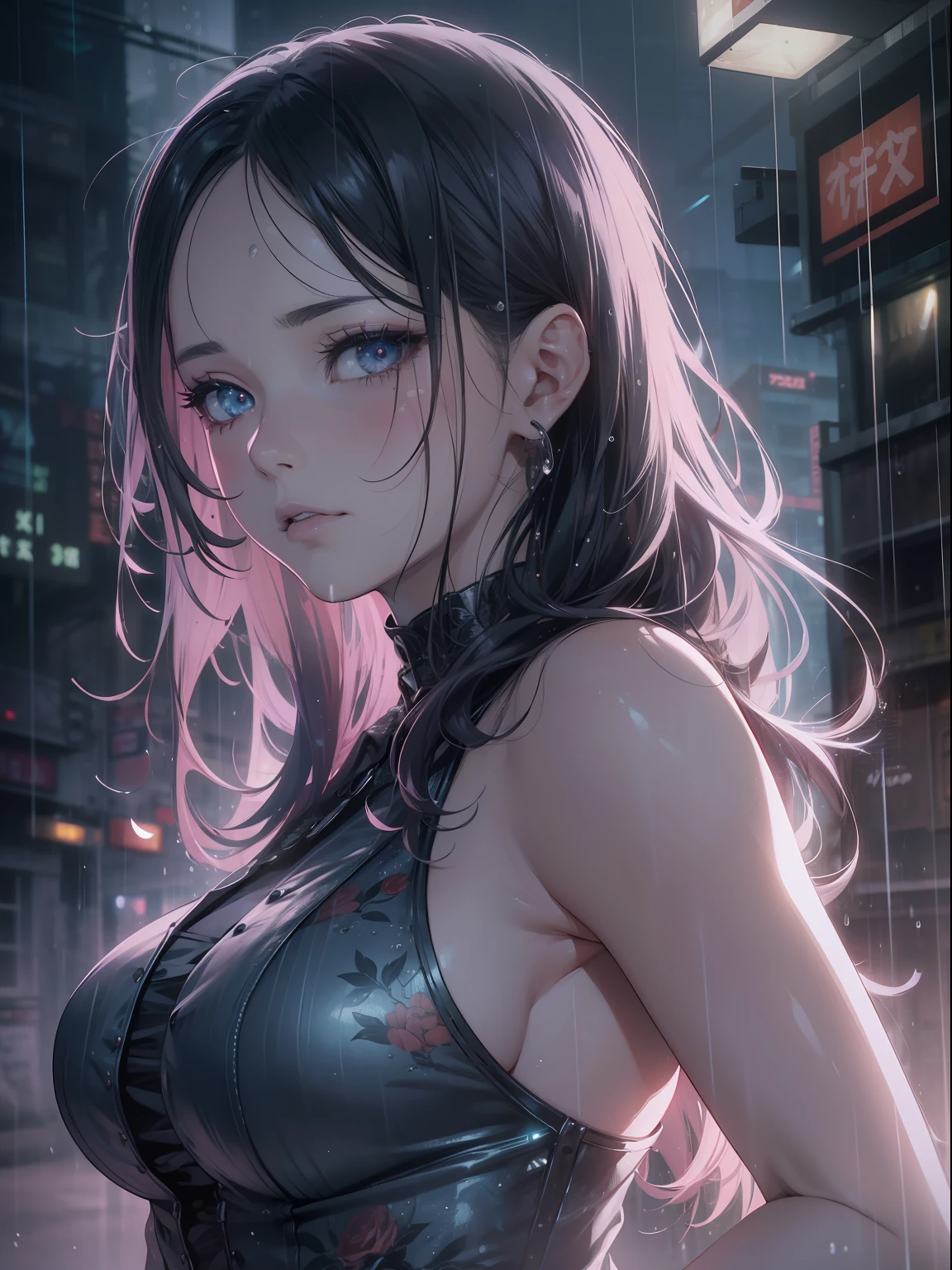 16K, HDR, UHD, best quality, masterpiece, anime style, beautiful young woman in beautiful flower garden, raining, wet, detailed rain droplets, cowboy shot, wearing a beautiful dress, ultra beautiful detailed  eyes, hyperdetailed face, complex,  perfect, model,  textured,  chiaroscuro, professional make-up, realistic, rough, dominating, figure in frame, by WLOP, cinematic lighting, award winning, RTX, ray tracing, hyper realistic, ethereal, post-apocalyptic, dystopian, cyberpunk, night, neon lights, despair, sad