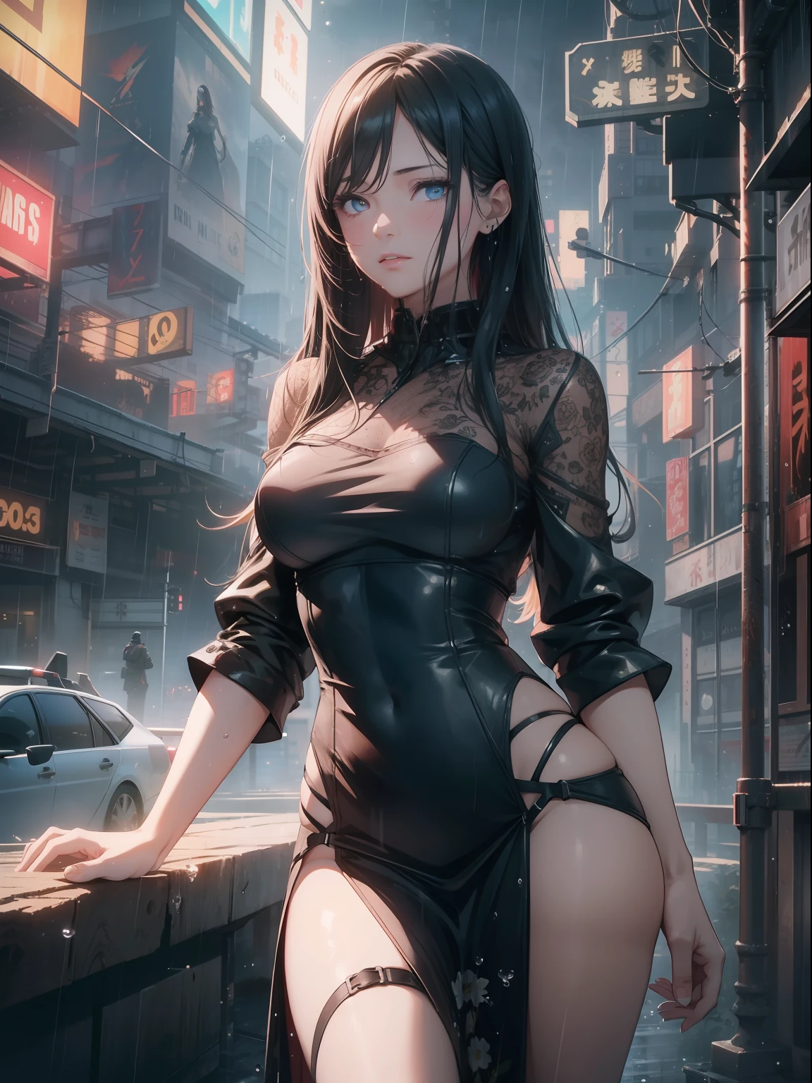 16K, HDR, UHD, best quality, masterpiece, anime style, beautiful young woman in beautiful flower garden, raining, wet, detailed rain droplets, cowboy shot, wearing a beautiful dress, ultra beautiful detailed  eyes, hyperdetailed face, complex,  perfect, model,  textured,  chiaroscuro, professional make-up, realistic, rough, dominating, figure in frame, by WLOP, cinematic lighting, award winning, RTX, ray tracing, hyper realistic, ethereal, post-apocalyptic, dystopian, cyberpunk, night, neon lights, despair, sad