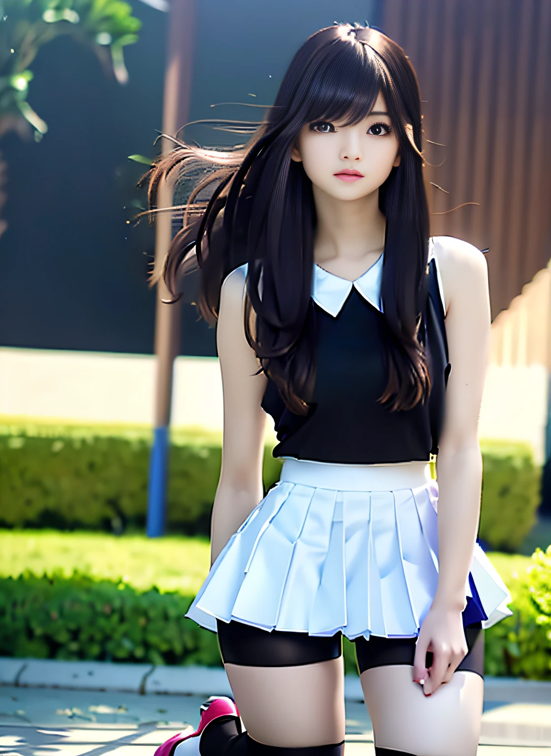 mix4, (8k, RAW photo, top quality, masterpiece: 1.27), (realistic, photorealistic: 1.37), photon mapping, radiosity, one girl, cute, professional lighting, physically based rendering, ((Black spandex shorts: 1.37)), Skirt, Bike shorts under skirt, lively girl, Side view, kneeling posture, hair fluttering in the wind, blurring background, handsome, masterpiece, highest quality, high resolution, highest quality photo, high resolution, high resolution, 1080p, (clear face), (detailed face description), (detailed hand description), (masterpiece), (elaborate cg), (detailed facial features), (highest quality photo), (masterpiece), (detailed eyes)