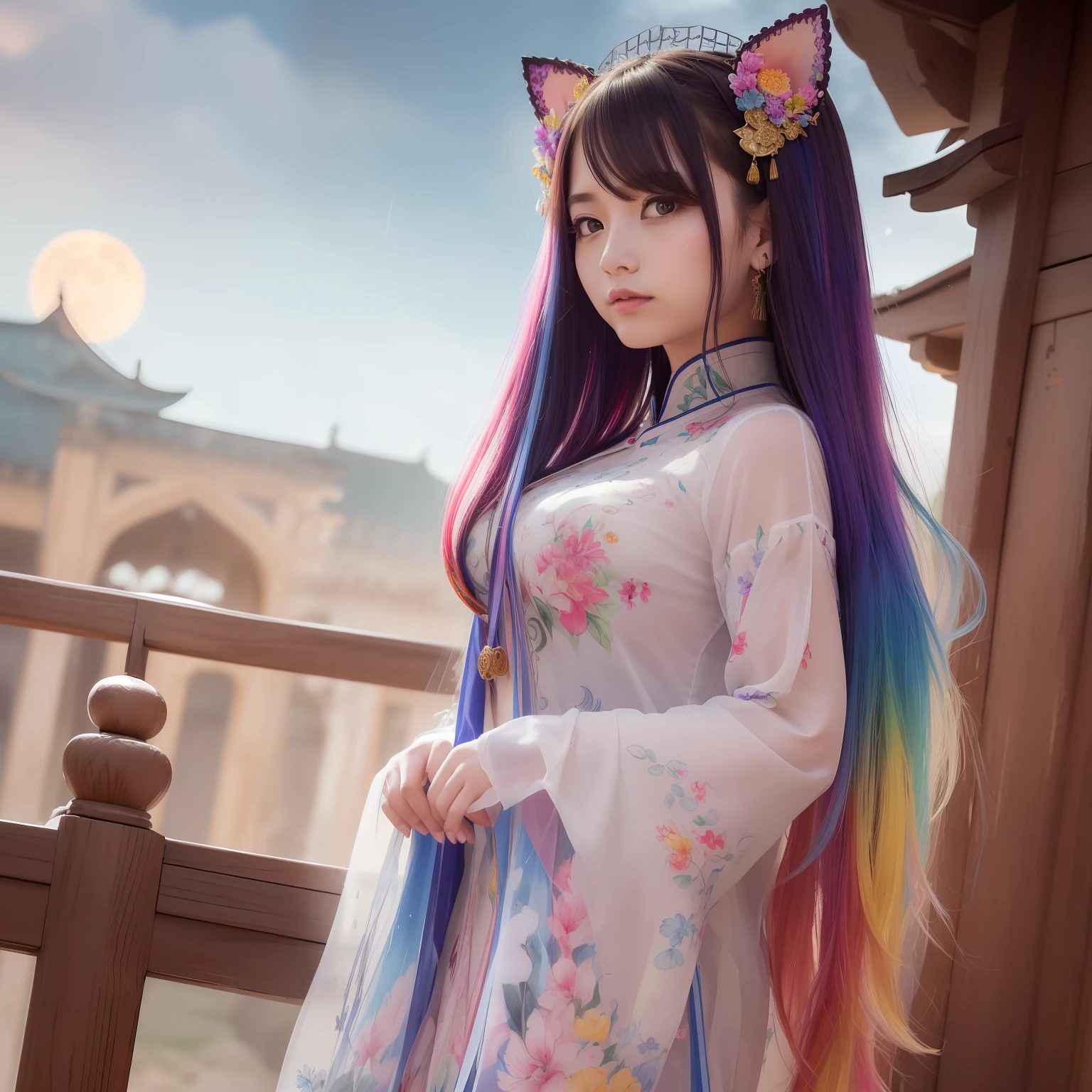 (8k, RAW photo: 1.2), top quality, ultra high resolution, dramatic angle, (fluttering detailed color splash), (illustration), (one girl))), (long hair), (rain: 0.9), (hair ornament: 1.4), there is an ancient palace beside the girl, chinese clothes, (focus), color ink wash painting, (color splash), colorful splash, ( ((Colorful))), (Sketch: 0.8), Masterpiece, Best Quality, Beautifully Painted, Very Detailed, (Denoise: 0.6), [Splash Ink],(((Ink Refraction)),(Beautiful Detail Sky),Moon,High,Detail,(Masterpiece, Best Quality, Highly Detailed CG Unity 8k Wallpaper,Masterpiece, Best Quality, Ultra Detailed), (Lycoris radiata),Huge Breasts, Cat Ears