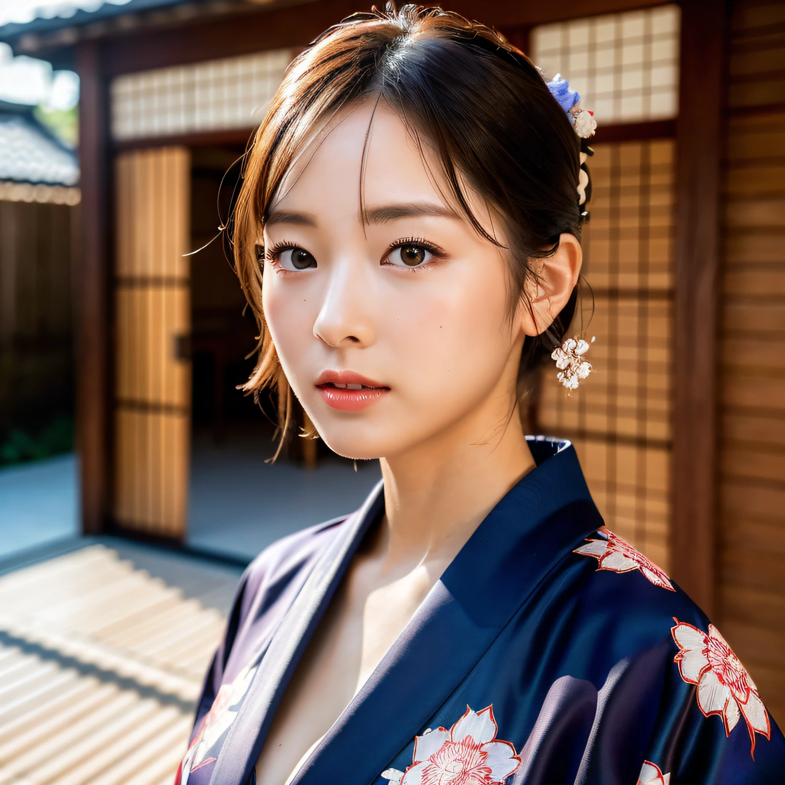 kimono, (8k, RAW photo, best quality, masterpiece: 1.2), (realistic: 1.6), (masterpiece), (best quality: 1.0), (super high resolution: 1.0), detail, 40s, one, detail beautiful skin, detail room, ,realistic skin, large breasts