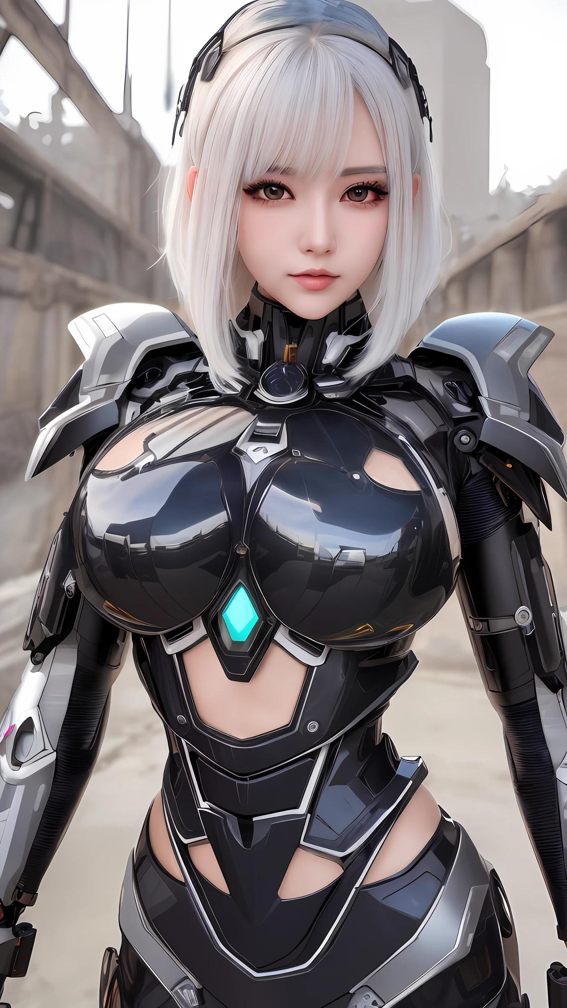 (8k, masterpiece, best quality), ultra-detailed, detailed beautiful round eyes, beautifully detailed face, high quality, high resolution, mecha girl wearing sexy outfit, massive breast, (see-through dress:1.2), mecha, ruins, perfect boobs, perfect face, midnight, short white hair