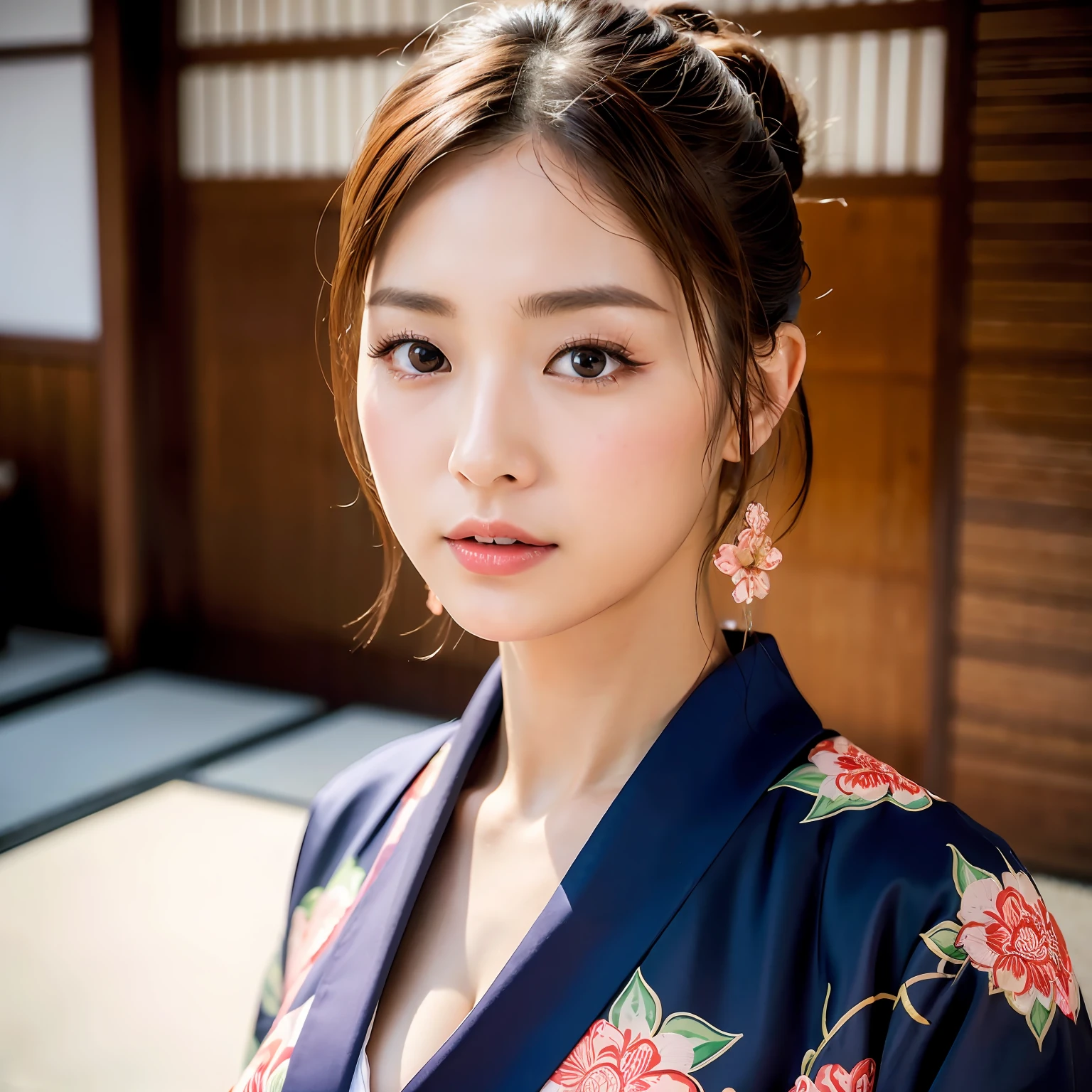 kimono, (8k, RAW photo, best quality, masterpiece: 1.2), (realistic: 1.6), (masterpiece), (best quality: 1.0), (super high resolution: 1.0), detail, 40s, one, detail beautiful skin, detail room, ,realistic skin, large breasts