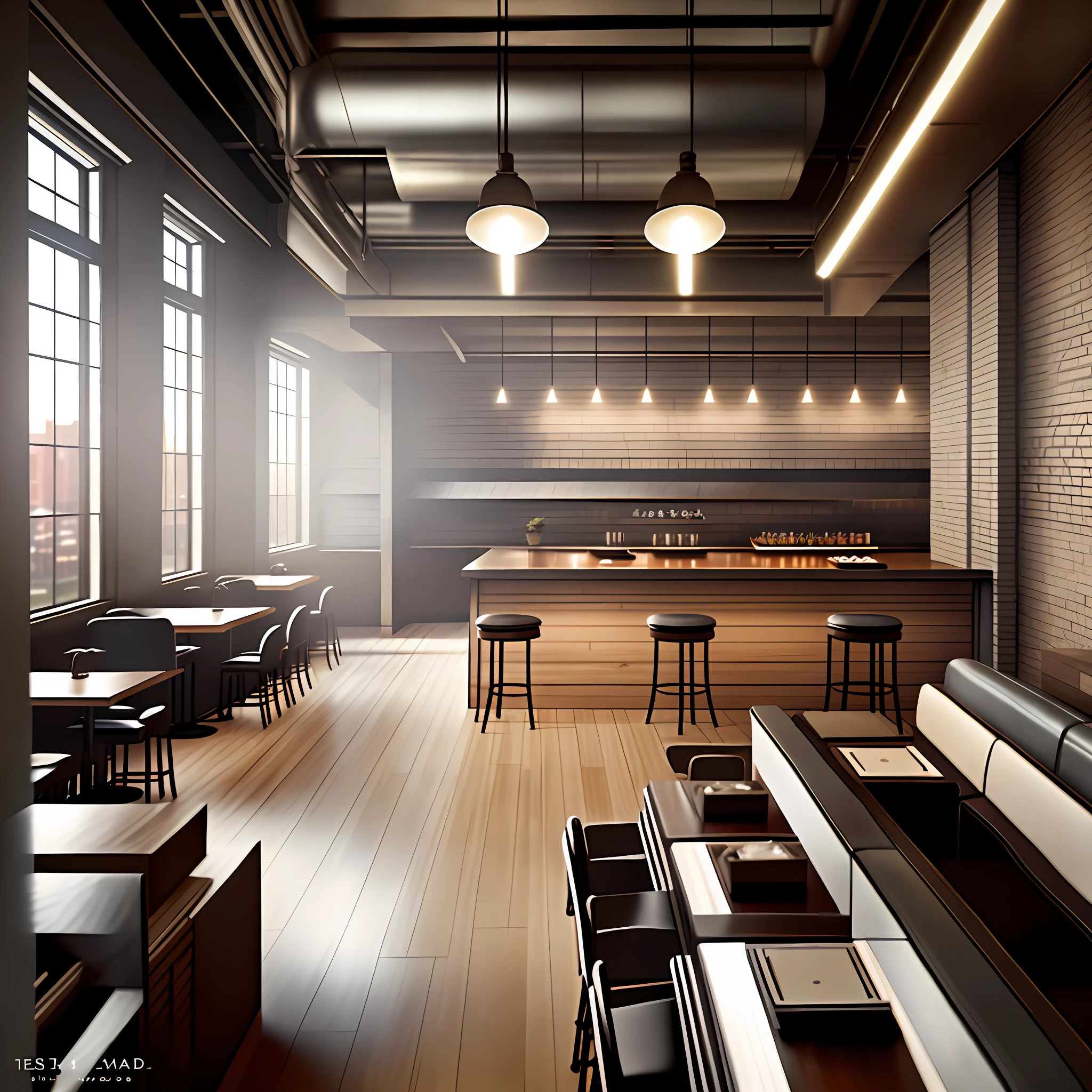 High-end industrial style restaurant interior rendering