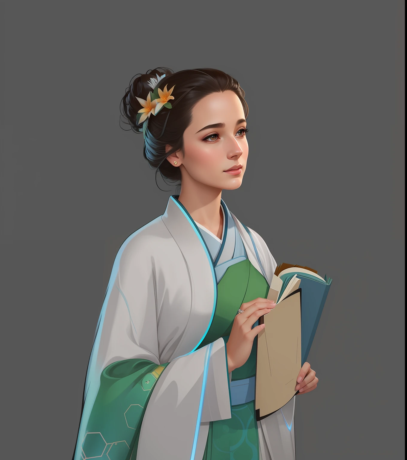 A woman in a kimono holds a close-up of a book, inspired by Max Magnus Norman, complete portrait of an electronic master, inspired by Jean Bello, Nicolas Tesla, Gillium Pongiruppi, portraits of characters, Luis Ricardo Farero, portraits of epic elegance, Santiago Martínez Delgado, Frank-Xavier-Linedecker style digital figure concept art, white, science illustration, Magali Villeneuve, Walt Disney, Light realistic depiction style, light realistic depiction, simplified and stylized portrait, surreal, animated energy, surreal portrait