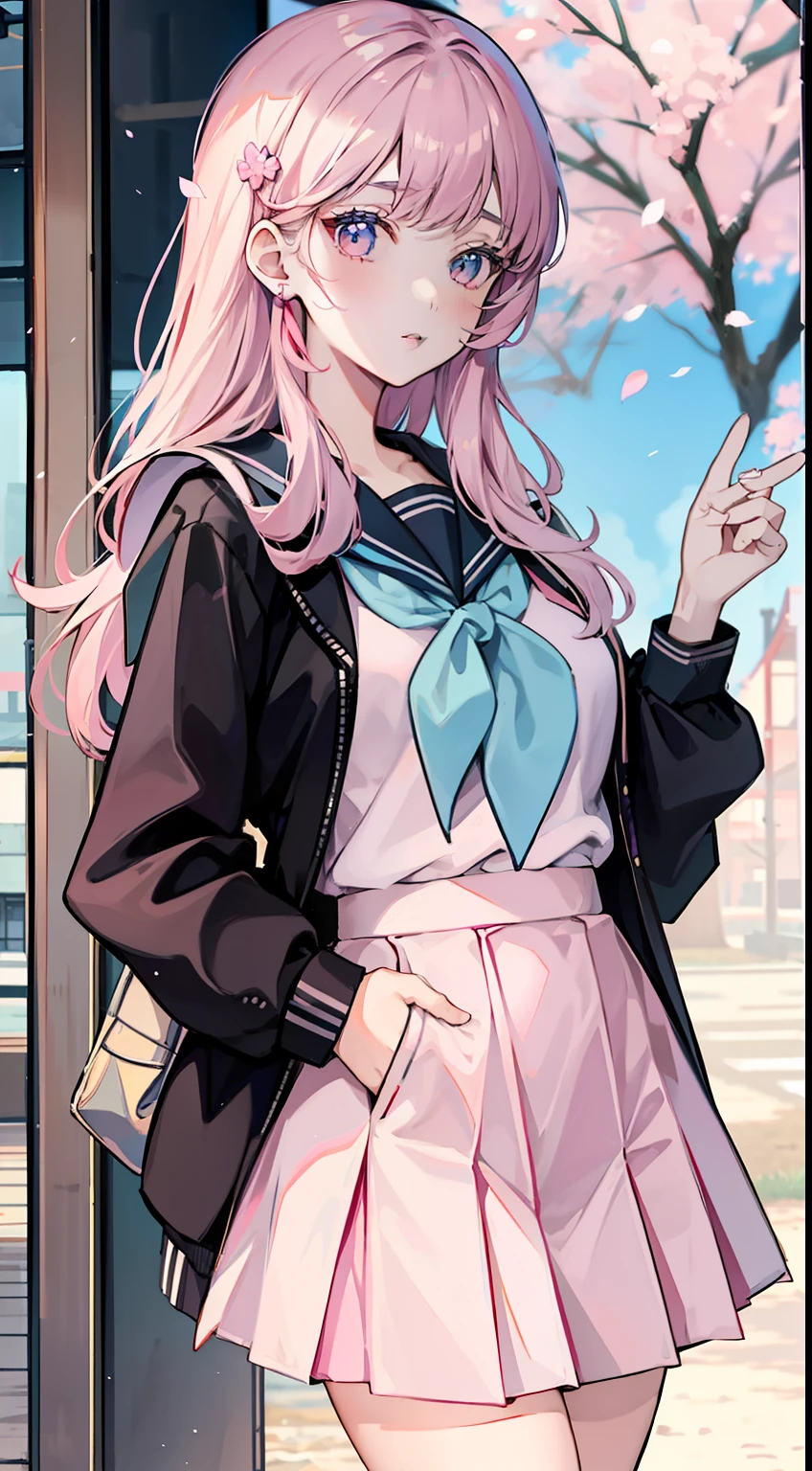 araffe girl in a pink skirt and jacket posing for a picture, loose coat collar sailor uniform, magical school student uniform, sakimichan, jk uniform, seifuku, wearing jacket and skirt, japanese girl school uniform, japanese school uniform, japanese clothes, in pastel colors, wearing japanese school uniform, magic school uniform, ulzzang, pastel clothing