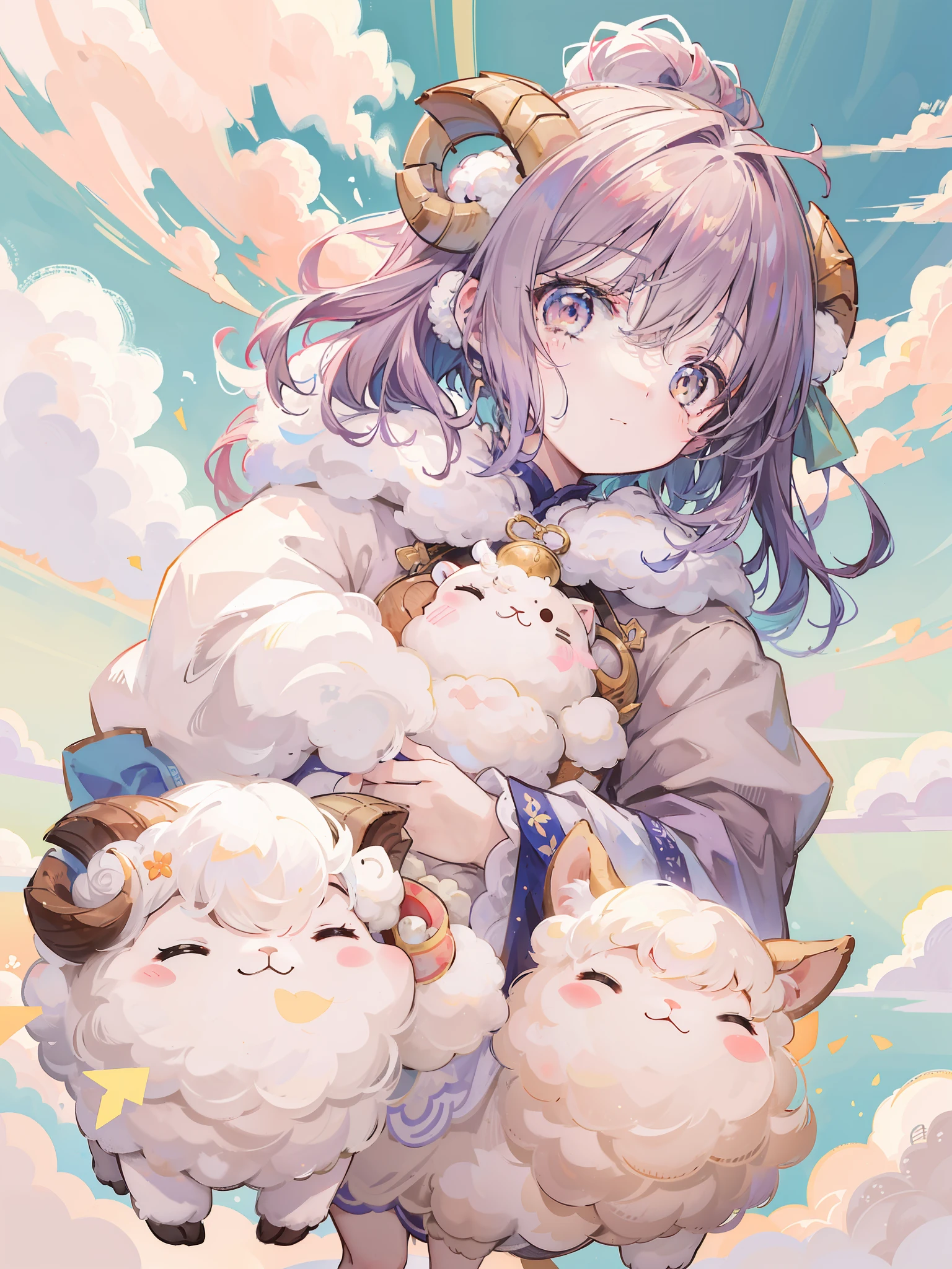 there are three sheeps that are jumping in the air, 中 元 节, soft and warm, [ [ soft ] ], soft coloring, art cover, lamb and goat fused as one, 🪔 🎨;🌞🌄, lofi, soft color, 千 葉 雄 大, soft and fluffy, soft clouds