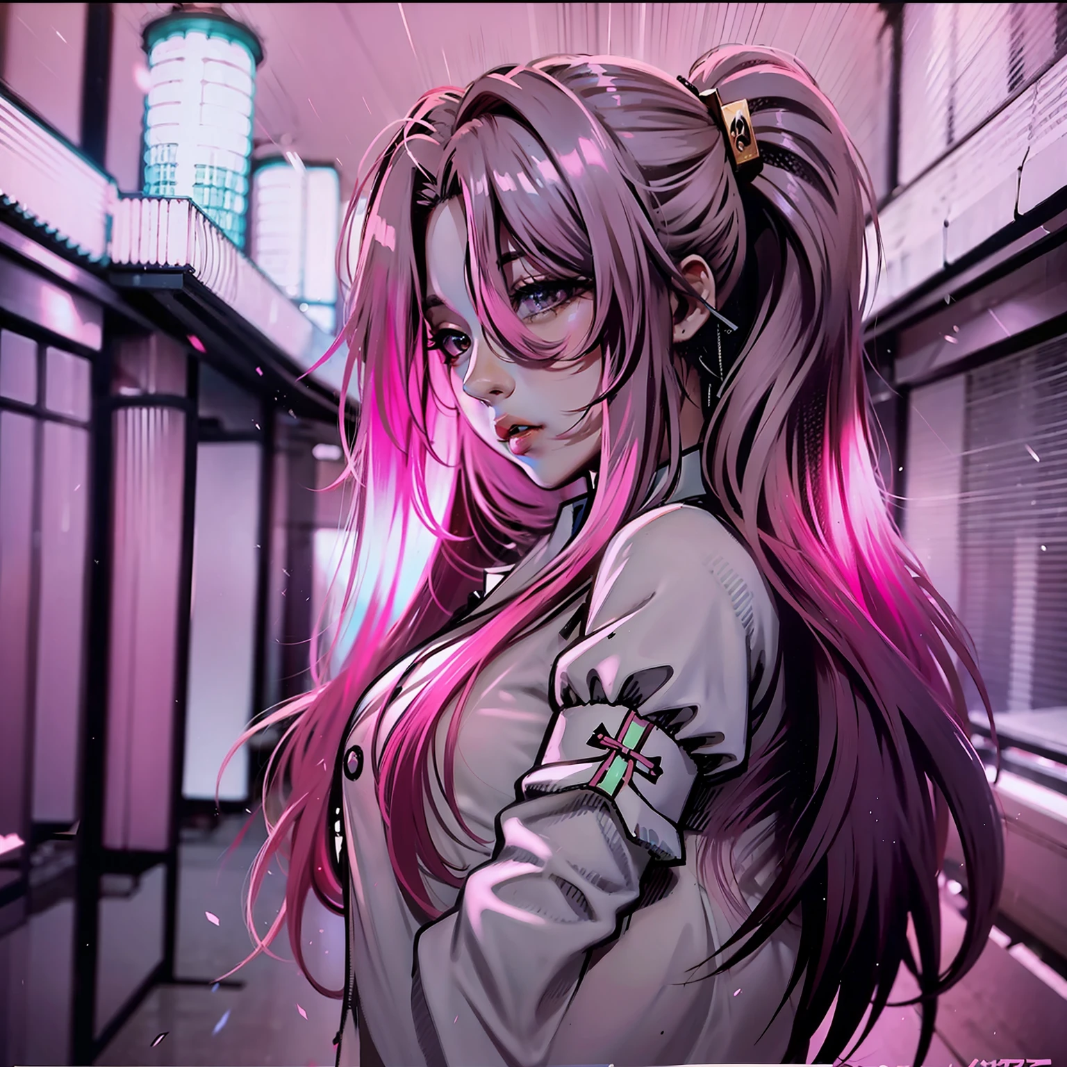 long hair beautiful girl anime hair flouresente pink color