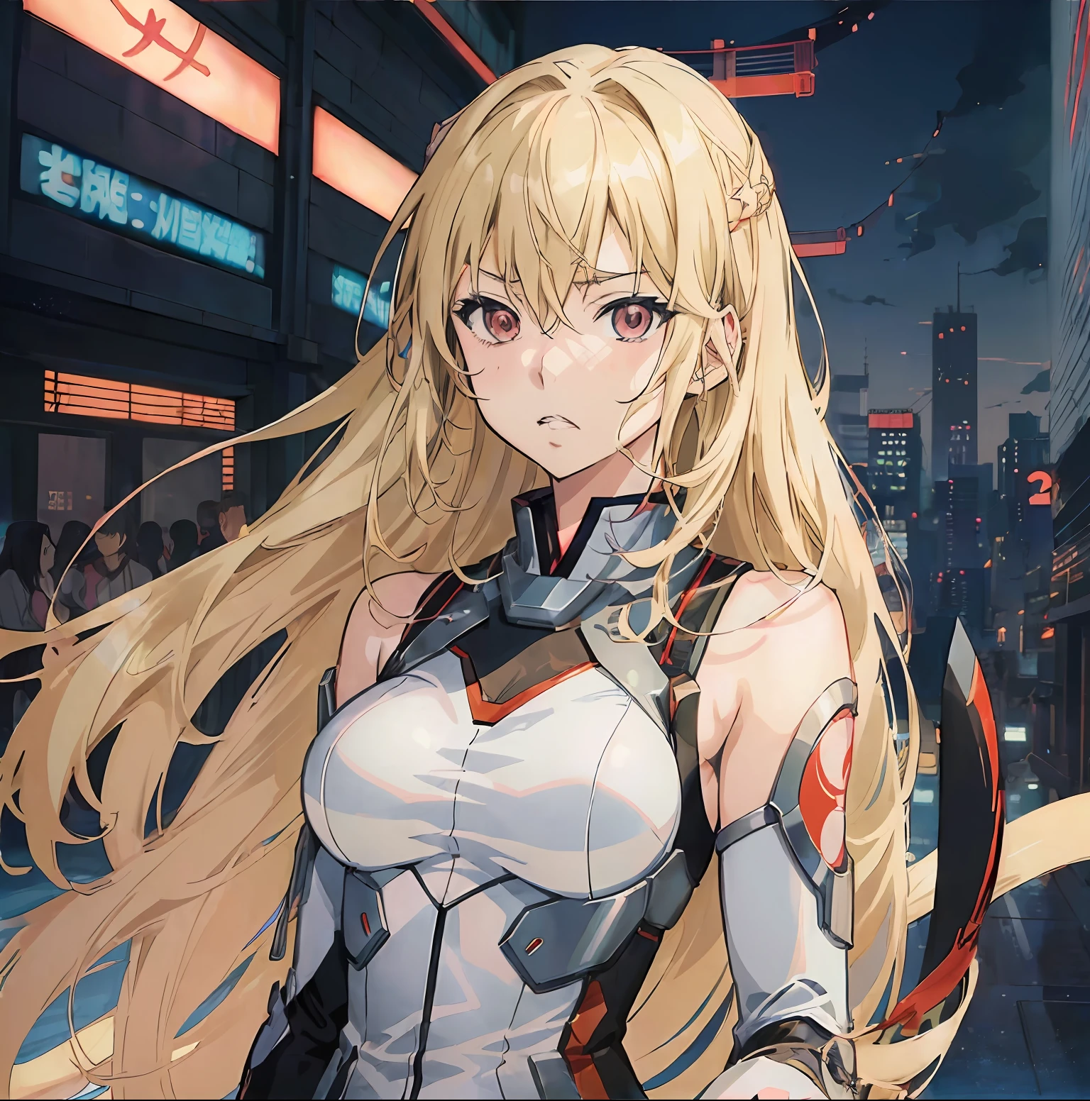 (anime style art illustration by Takehiko Inoue:1.5)0.9], (wit studio lighting), (1girl) of (long:1.1) straight blonde hair, her eyes are (red:0.7), white skin, wearing a futuristic tech outfit, on a background of night futuristic city.. --s2