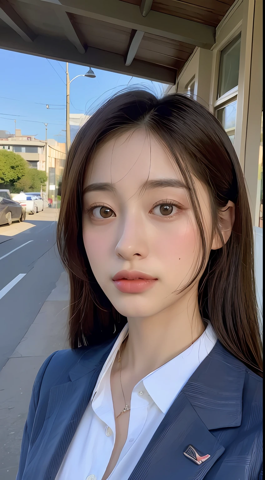 ((Top Quality, 8k, Masterpiece: 1.3)), Crisp Focus: 1.2, Beautiful Women with Perfect Figure: 1.4, Slender Abs: 1.2, ((Layer Cut, Big: 1.2)), (Blazer Button Up Shirt Over Very Thin White: 1.1), Street: 1.2, Highly Detailed Face and Skin Texture, Detailed Eyes, Double Eyelids, Suzu Hirose