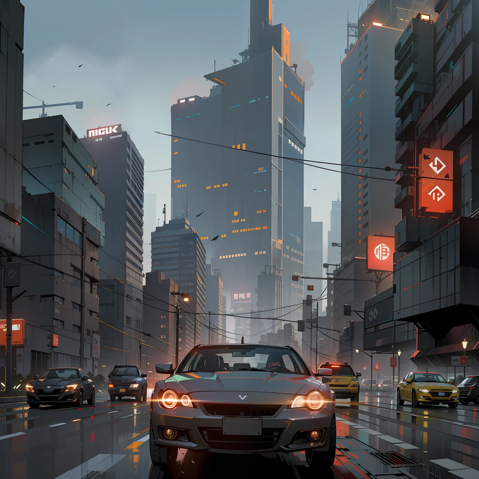 Behind the city background, cyberpunk style, night, strong contrast, no other debris around, car running at high speed on the highway, the environment is night, black sky, a car --auto --s2
