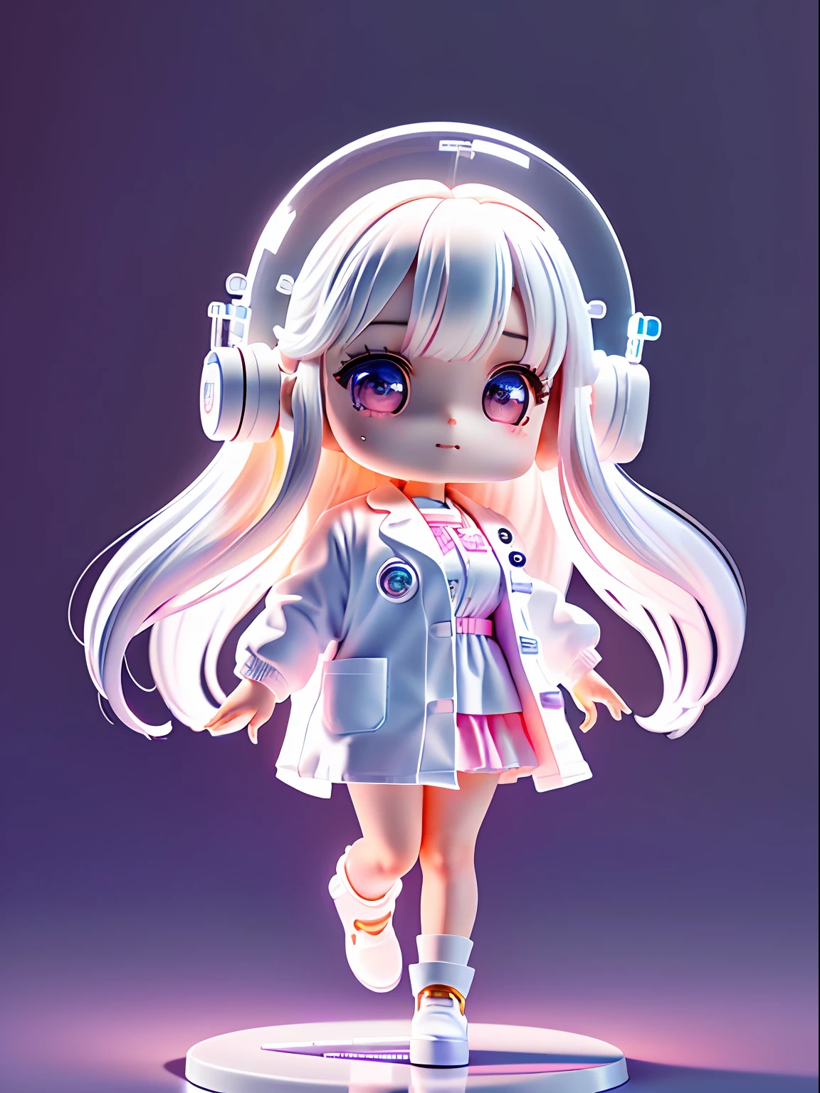 Official Art, Unified 8k Wallpaper, Super Detailed, Beautiful and Aesthetic, Masterpiece, Best Quality, Super Large Wallpaper, Big Scene, Super Cute Girl Full Body 3D Drawing, 1pcs, Good Looking, Big Eyes, Cute, Happy, C4D, Pop Matt Blind Box, White Long Hair, Glowing Bubbles, Toy, Solid Color Background, Chibi, Fluorescent Translucency, Emitter, Kawaii, Doll, ((((Scientist, White Lab Coat))), Reference Sheet, Pop Mart Blind Box, Pixar, Intricate Details, 3D Rendering , blender, OC renderer, fol body reference sheet, dribble, high details, 8k, studio lighting, li, pee, childbi, standard definition characters: 1.1, magic ruins background