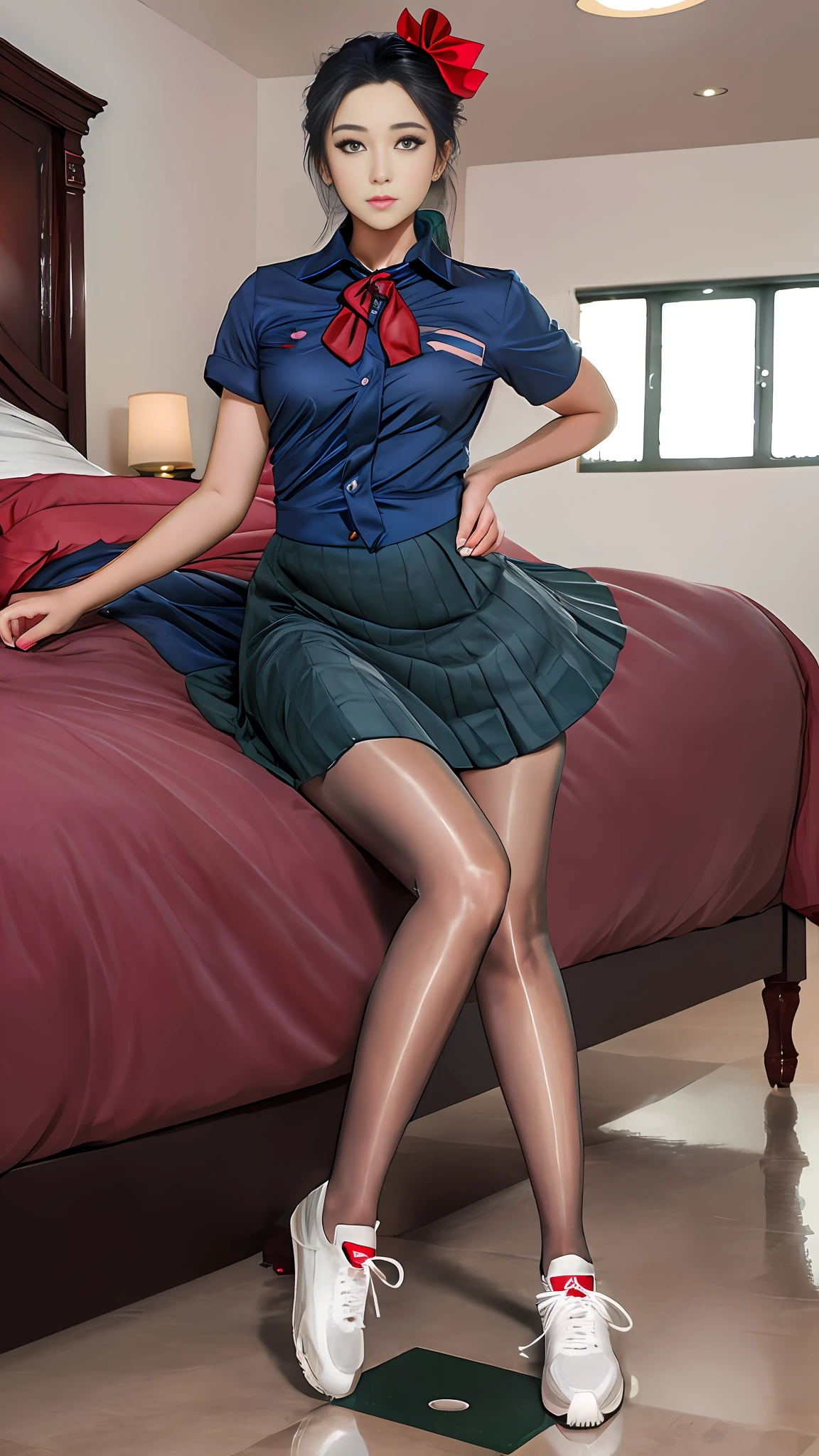 Full body photo, 8K, real, open clothes, masterpiece, best quality, high resolution, UI2, 1 girl, solo, green eyes, solo, red skirt, white shirt, low double tail, show legs, pompom \ (dress \), collared shirt, blue bow, pleated skirt, school uniform, short sleeves, wariza, take off clothes, take off skirt, hint at , sprayed on sneakers