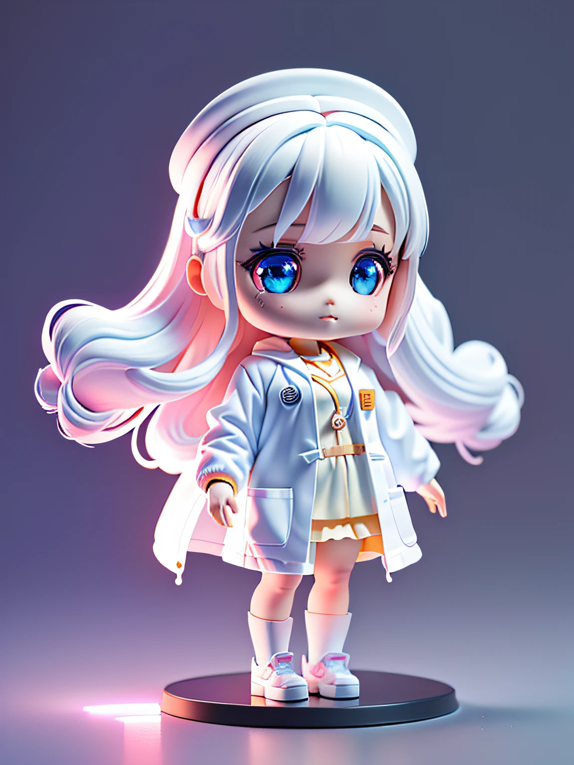Official Art, Unified 8k Wallpaper, Super Detailed, Beautiful and Aesthetic, Masterpiece, Best Quality, Super Large Wallpaper, Big Scene, Super Cute Girl Full Body 3D Drawing, 1pcs, Good Looking, Big Eyes, Cute, Happy, C4D, Pop Matt Blind Box, White Long Hair, Glowing Bubbles, Toy, Solid Color Background, Chibi, Fluorescent Translucency, Emitter, Kawaii, Doll, ((((Scientist, White Lab Coat))), Reference Sheet, Pop Mart Blind Box, Pixar, Intricate Details, 3D Rendering , blender, OC renderer, fol body reference sheet, dribble, high details, 8k, studio lighting, loli, petite, child, chibi, standard definition characters: 1.1, magic ruins background