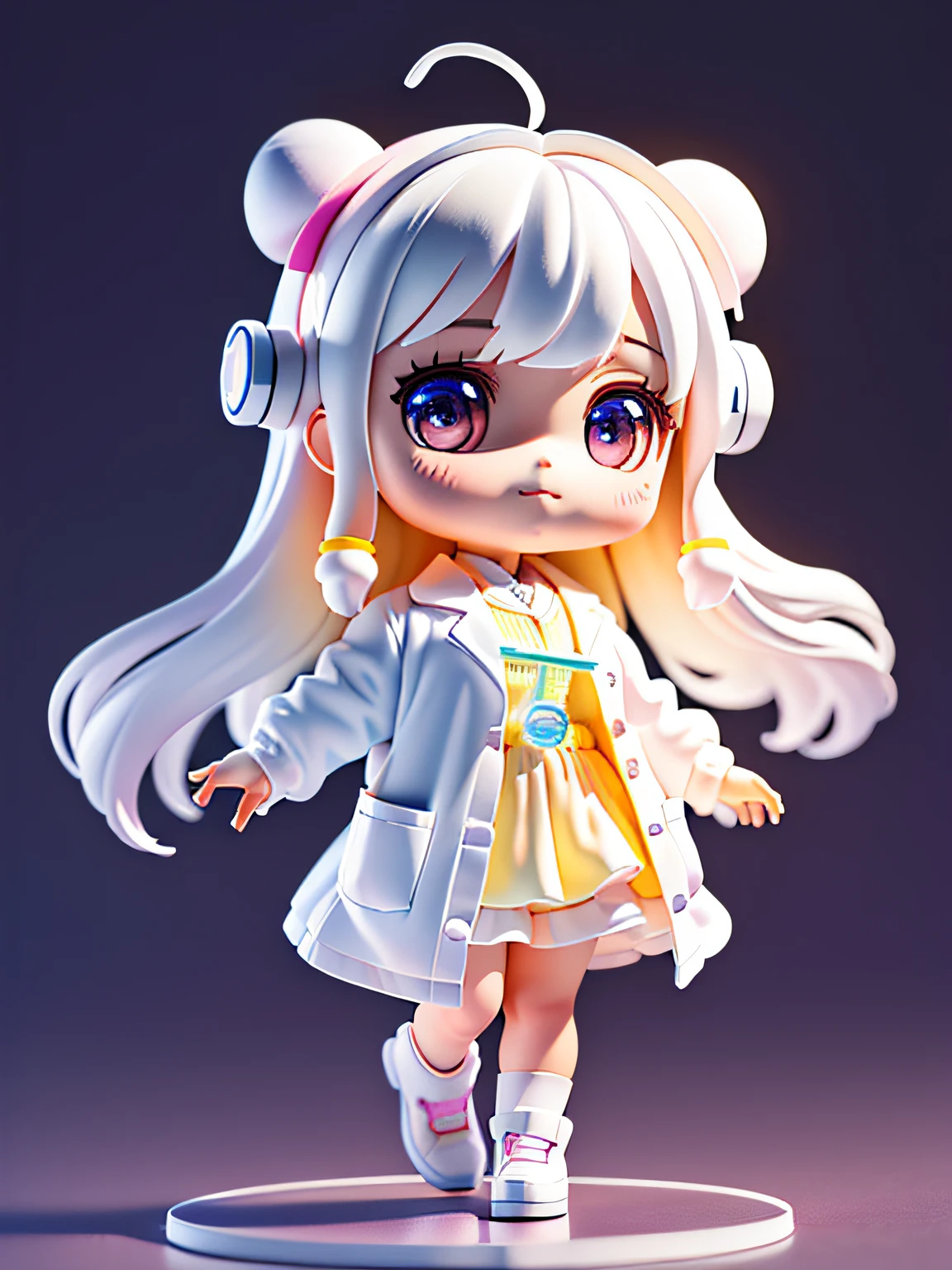 Official Art, Unified 8k Wallpaper, Super Detailed, Beautiful and Aesthetic, Masterpiece, Best Quality, Super Large Wallpaper, Big Scene, Super Cute Girl Full Body 3D Drawing, 1pcs, Good Looking, Big Eyes, Cute, Happy, C4D, Pop Matt Blind Box, White Long Hair, Glowing Bubbles, Toy, Solid Color Background, Chibi, Fluorescent Translucency, Emitter, Kawaii, Doll, ((((Scientist, White Lab Coat))), Reference Sheet, Pop Mart Blind Box, Pixar, Intricate Details, 3D Rendering , blender, OC renderer, fol body reference sheet, dribble, high details, 8k, studio lighting, loli, petite, child, chibi, standard definition characters: 1.1, magic ruins background