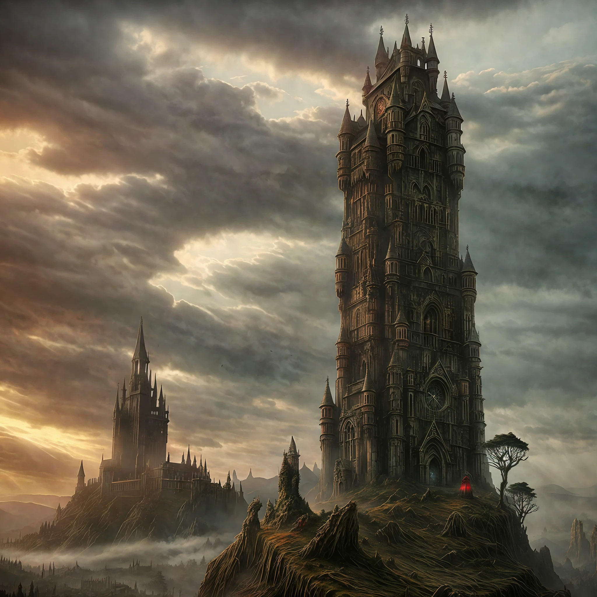 arafed mossy tower with a huge stone ((monster)) on top of a grassy hill, medieval dark fantasy, epic castle with tall mossy spires, giant medieval tower concept art, mossy tower far away, dark fantasy setting, medieval fantasy landscape, dark gothic mossy cathedral, dark mossy ruins landscape, photorealistic dark concept art, dark fantasy environment, dark fantasy landscape, metalcore, horror, cinematic lighting, (((volumetric lighting))), (((red rays of light trough the clouds))), dusty rays of light, light rays, visible rays of light, backlighting, shadows, shady, moody. Grim, red and orange tones, gritty, red moon, red sky, black clouds, creepy shadows, vines, dead trees, ruined, battered, Mistycal, dread, (((directed by Dario argento))), image from the dario argento movie the tower of red death
