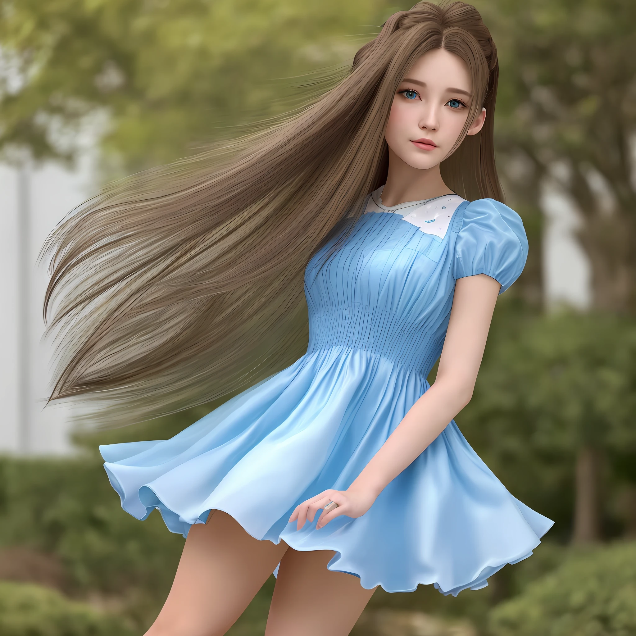 high resolution, best quality, masterpiece, very high image quality, ultra-detailed, hyperrealistic, 3d, solo, A very beautiful and cute woman in her 20s, She is fluttering in a light miniskirt-length dress, her hair has movement, full body, great perfect proportion, glossy light brown hair, high layer cut, mullet hair style, bright blue eyes