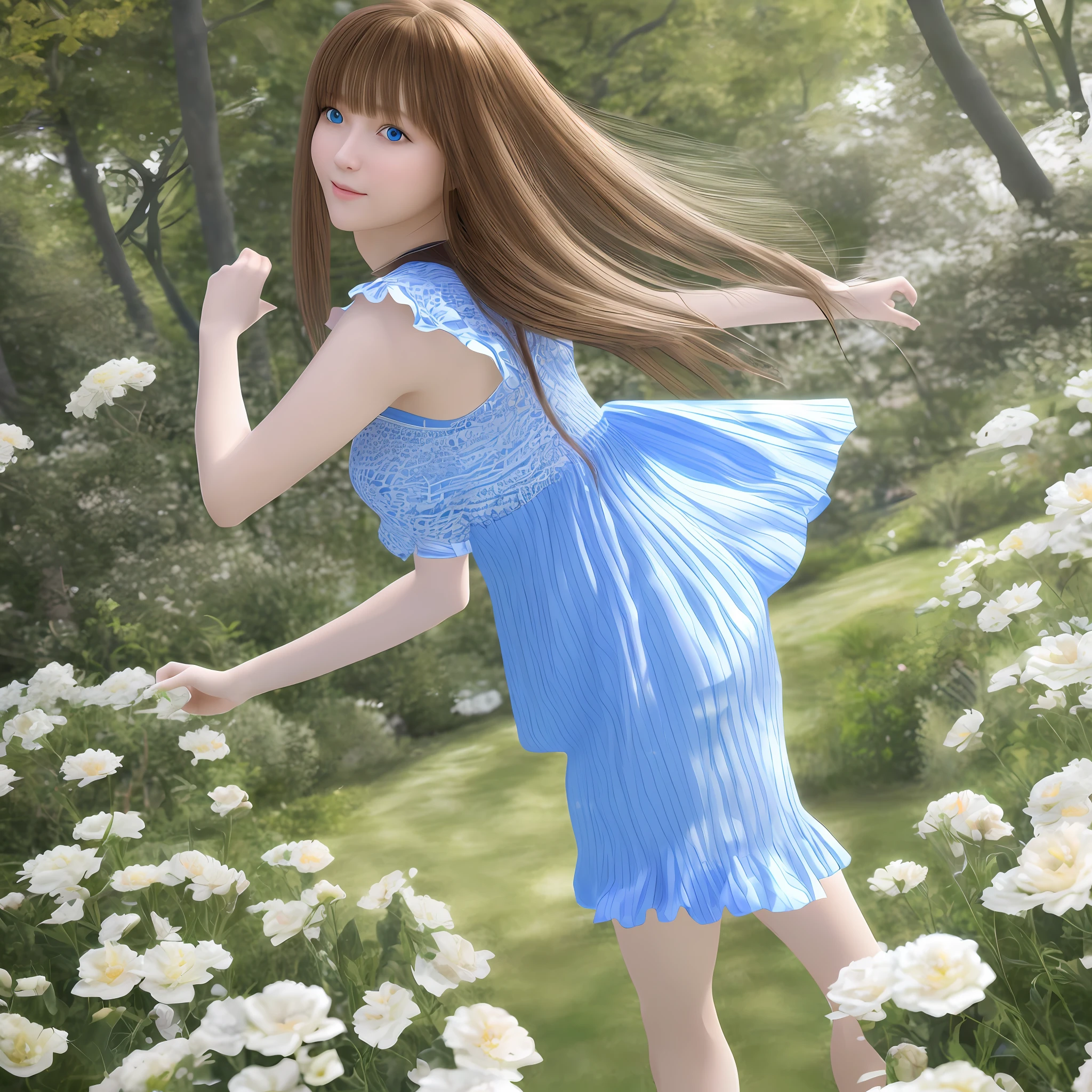 high resolution, best quality, masterpiece, very high image quality, ultra-detailed, hyperrealistic, 3d, solo, A very beautiful and cute woman in her 20s, She is fluttering in a light miniskirt-length dress, her hair has movement, full body, great perfect proportion, glossy light brown medium hair, high layer cut, mullet hair style, bright blue eyes