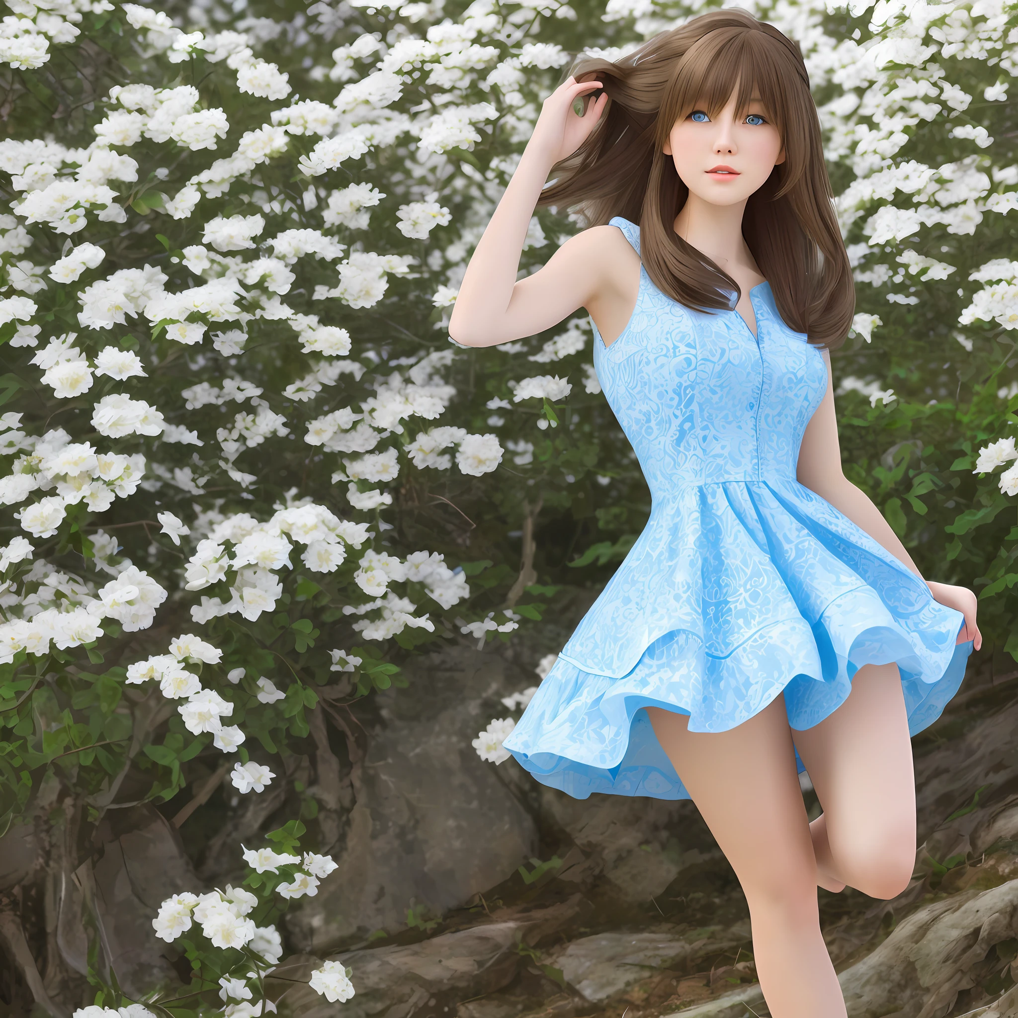 high resolution, best quality, masterpiece, very high image quality, ultra-detailed, hyperrealistic, 3d, solo, A very beautiful and cute woman in her 20s, She is fluttering in a light miniskirt-length dress, her hair has movement, full body, great perfect proportion, glossy light brown medium hair, high layer cut, mullet hair style, bright blue eyes