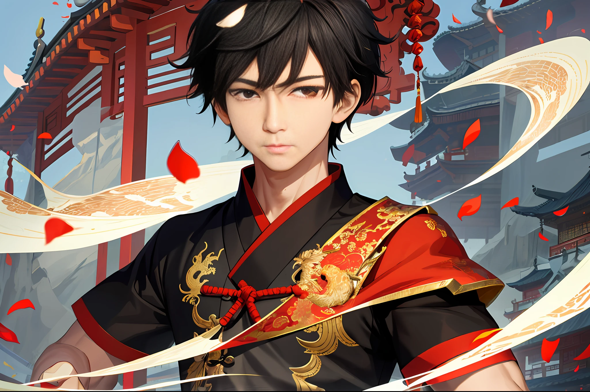 (absurd, super high-resolution, super detailed), detailed, boy, 16 year old boy, short, black, super short hair, eyes looking at the audience, falling petals, male exercise uniform, chinese martial arts style, chinese house, pagoda, handsome, upper body, wristband, dragon-themed costume, spinning floating particles, dynamic composition