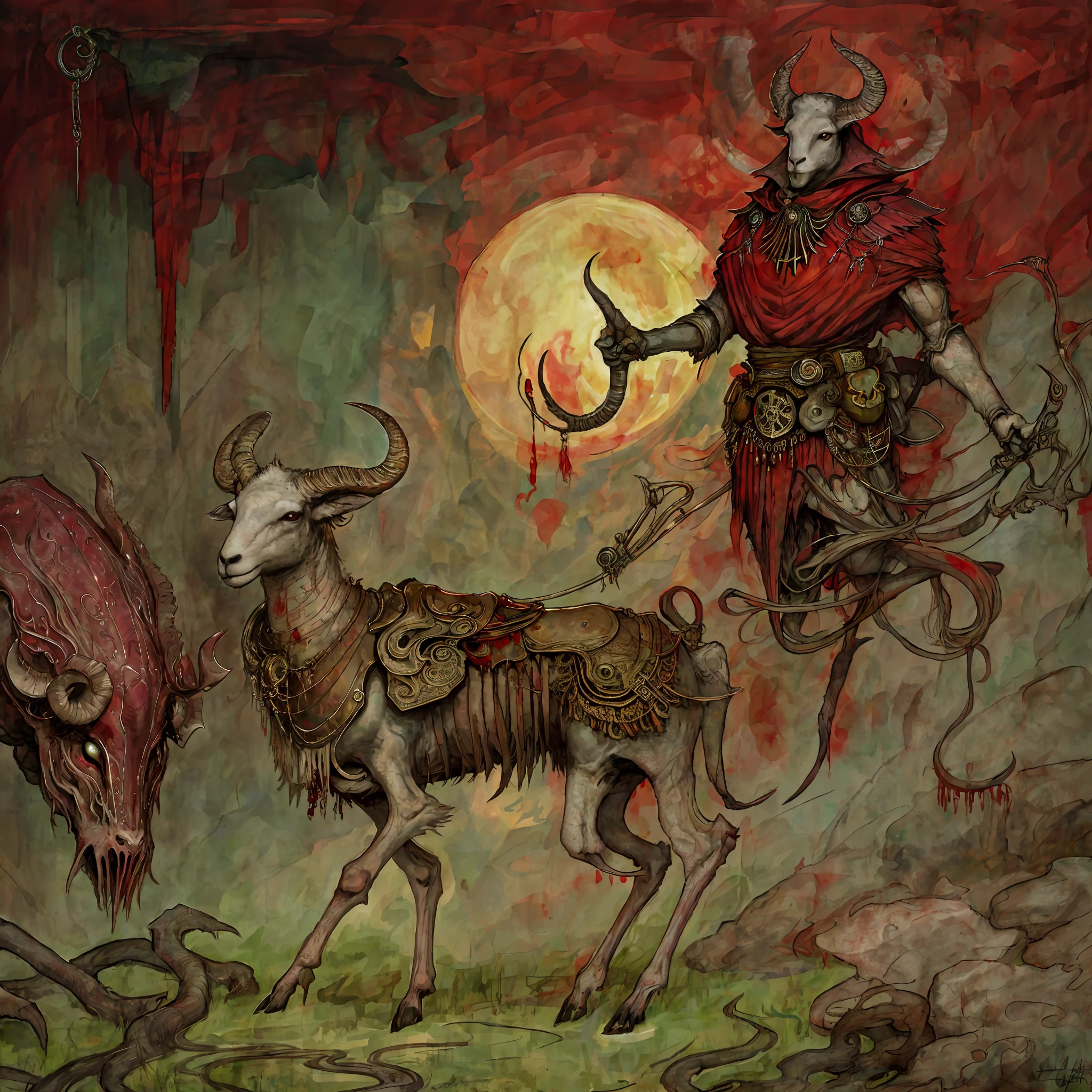Draw a sheep in a slaughterhouse, blood, ritual, summoning circle, medieval, dynamic pose
Ink and watercolor, detailed, fantasy, pastel colors, (red and green tones)
Arthur Rackham's Art,
Best quality, (Ariel style: 1.0)
masterpiece
Dark, terrifying, creepy, creepy,