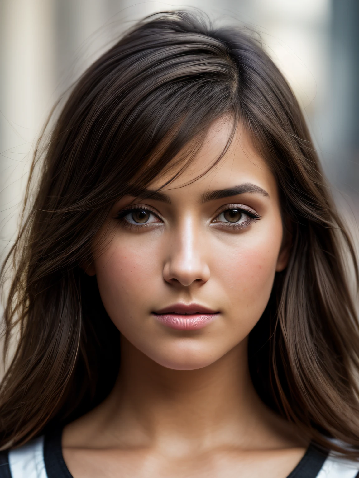 close up of a european woman, brown hair, downtown, natural skin texture, 35mm, 4k textures, soft cinematic light, RAW photo, photorealism, photorealistic, intricate, elegant, highly detailed, sharp focus, ((((cinematic look)))), soothing tones, insane details, intricate details, hyperdetailed, low contrast, soft cinematic light, dim colors, exposure blend, hdr, faded, intense