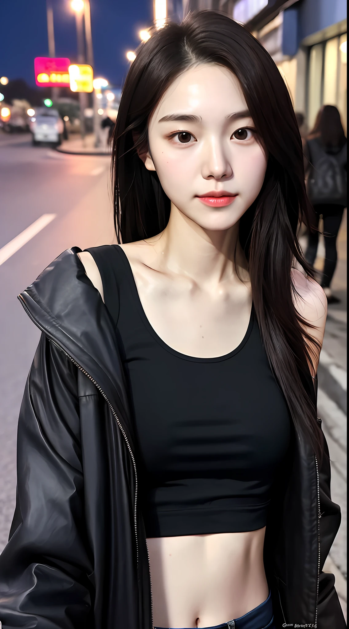 realistic photos of (1 cute Korean star) Shoulder-length hair, thin makeup, big breasts size, slender abs, wearing half black jacket with tight black tank top, on street, night, selfie, clear facial features of Canon EOS, 8K high resolution, sharp and realistic details.