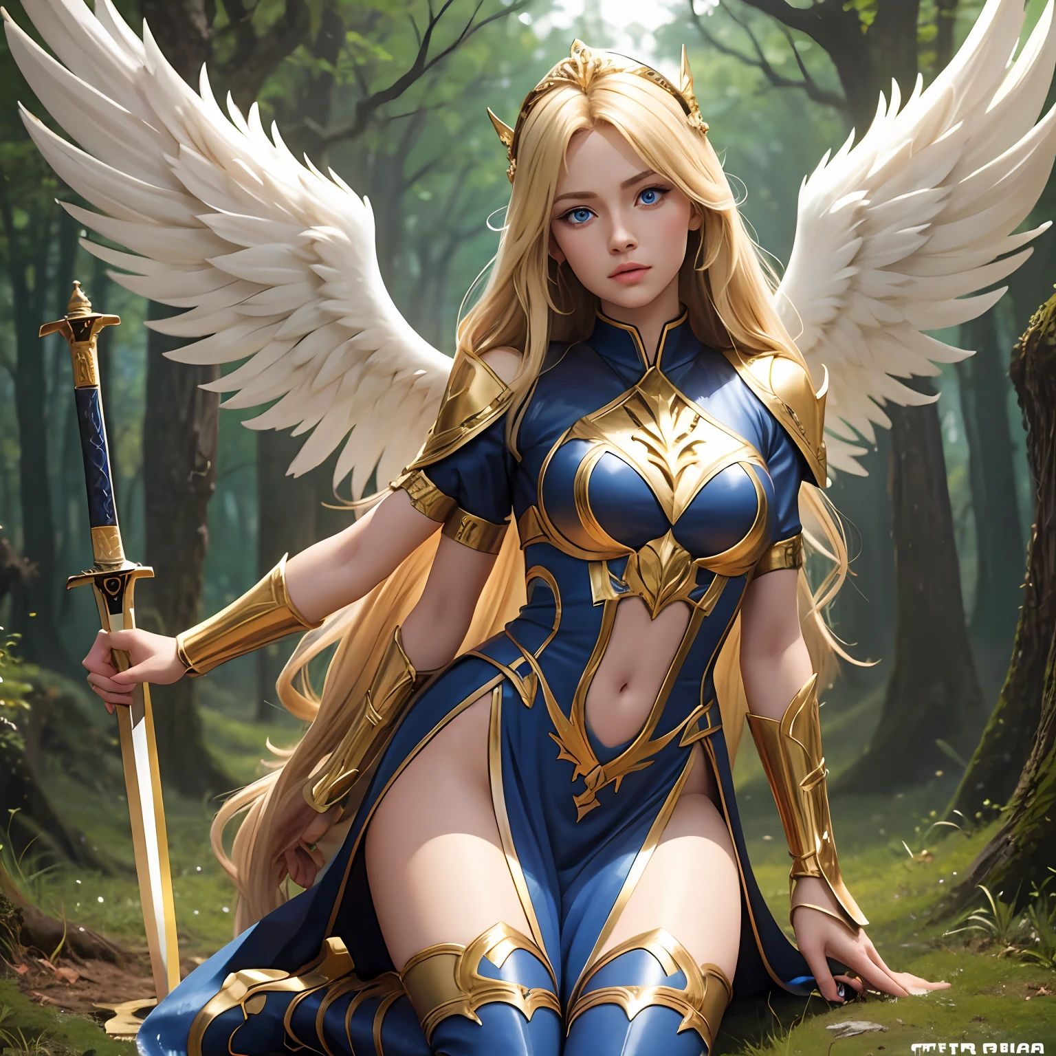 top quality 8k , female angel,sexy,long blonde hair,anime,goddess,symmetrical blue eyes,ultra detailed eyes, transparent langeri,forest,sword,golden wings, full body,ultra detailed lips, ultra detailed face, double eyelids, ultra detailed feet,standing with both legs on the floor, beautiful legs,tight boots,full leg --auto --s2