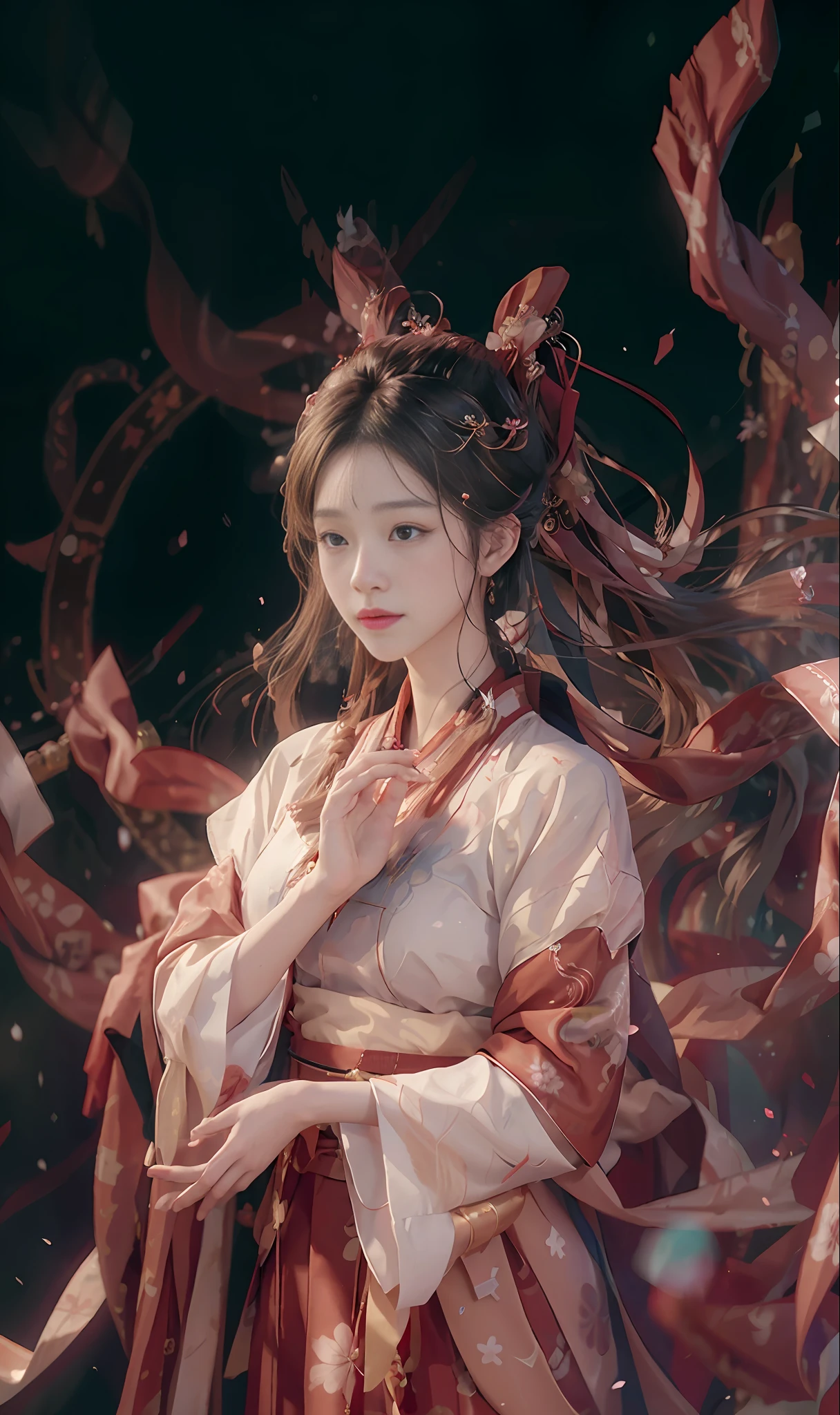 (Original photo, best quality), (realistic, photo realistic: 1.3), big red hanbok dress, delicate headdress, hairpins, water sleeves, flying ribbons, delicate facial features, flying petals, 8k wallpaper, ink, amazing, movie lighting, lens_flare, dunhuang_style