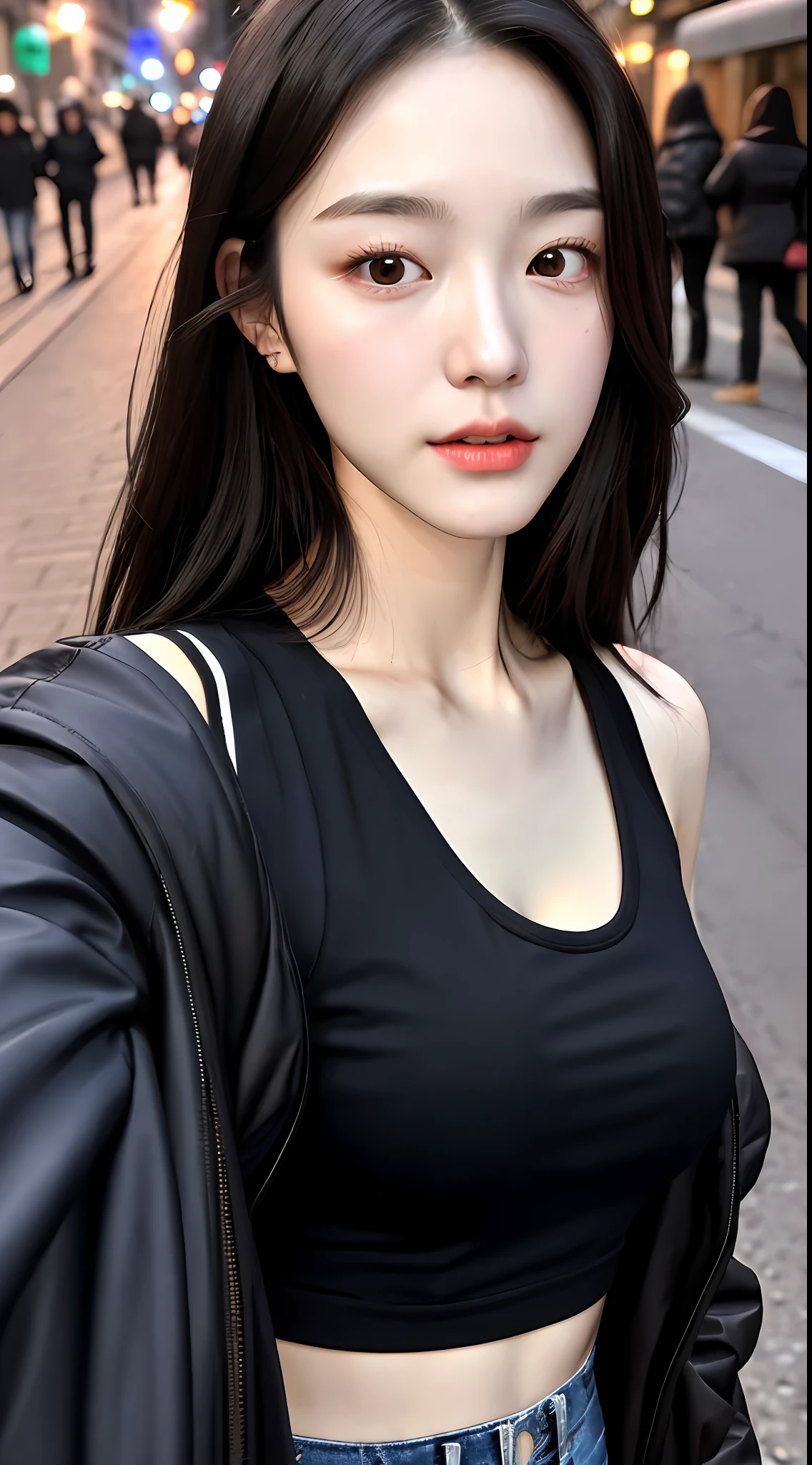 realistic photos of (1 cute Korean star) Shoulder-length hair, thin makeup, big breasts size, slender abs, wearing half black jacket with tight black tank top, on street, night, selfie, clear facial features of Canon EOS, 8K high resolution, sharp and realistic details.