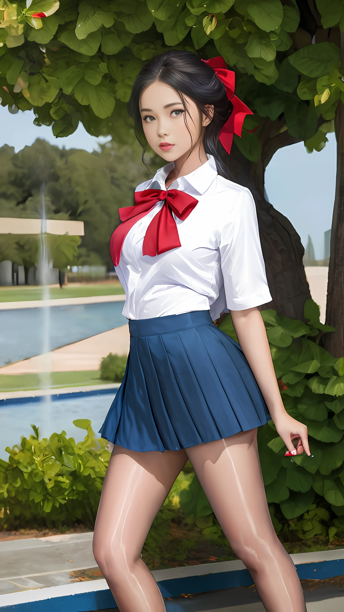 full body photo, 8K, real, open clothes, masterpiece, best quality, high resolution, UI2, 1 girl, solo, green eyes, solo, red skirt, white shirt, low double tail, show legs, pompom \ (dress \), dead pool water, blue bow, pleated skirt, school uniform, short sleeves, wariza, undress, take off skirt, hint masturbation, spray on sneakers
