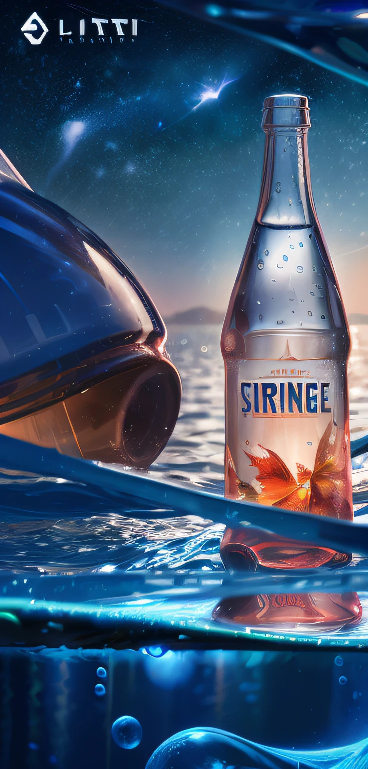 A bottle floating in the water with floating text on it, galactic lightning in the bottle that makes the sea shine, and a ship in the bottle, the picture is like a movie poster.