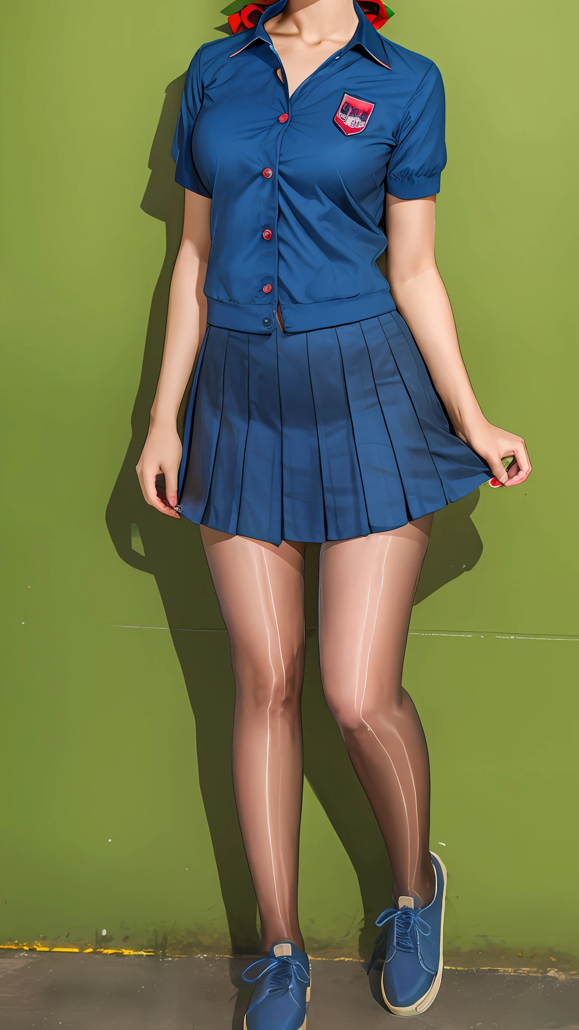 full body photo, 8K, real, open clothes, masterpiece, best quality, high resolution, UI2, 1 girl, solo, green eyes, solo, red skirt, white shirt, low double tail, show legs, pompom \ (dress \), dead pool water, blue bow, pleated skirt, school uniform, short sleeves, wariza, undress, take off skirt, hint masturbation, spray on sneakers