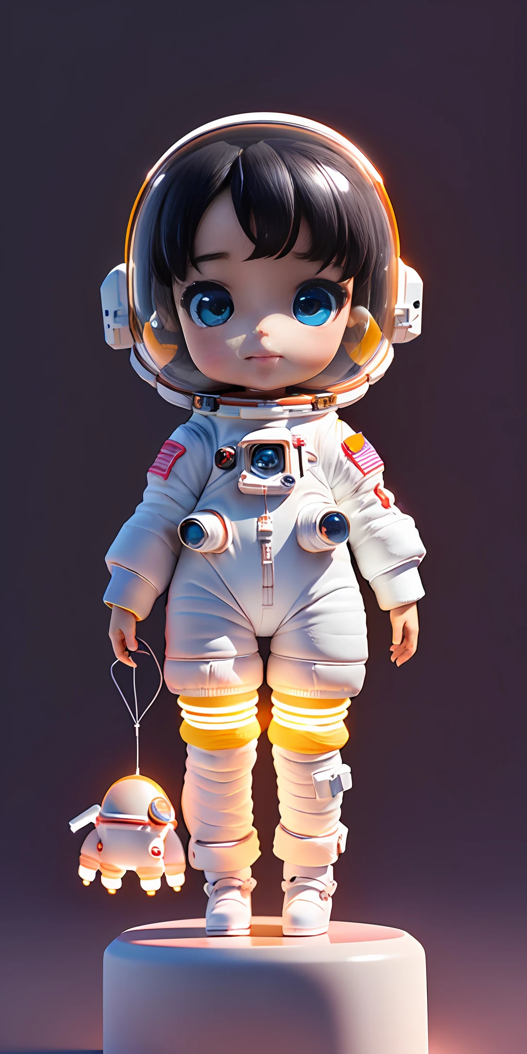Super cute girl full body 3D drawing, 1pc, good looking eyes, big eyes, cute, happy, c4d, pop matt blind box, glowing bubbles, toys, solid color background, chibi, fluorescent translucency, luminous body, kawaii, doll, (((astronaut, white spacesuit)))), reference sheet, pop mart blind box, Pixar, intricate details, 3d rendering, blender, oc renderer, fol reference body sheet, dribble , High Details, 8K, Studio Lighting, Loli, Petite, Child, Chibi, SD characters: 1.1, Magic Space Background