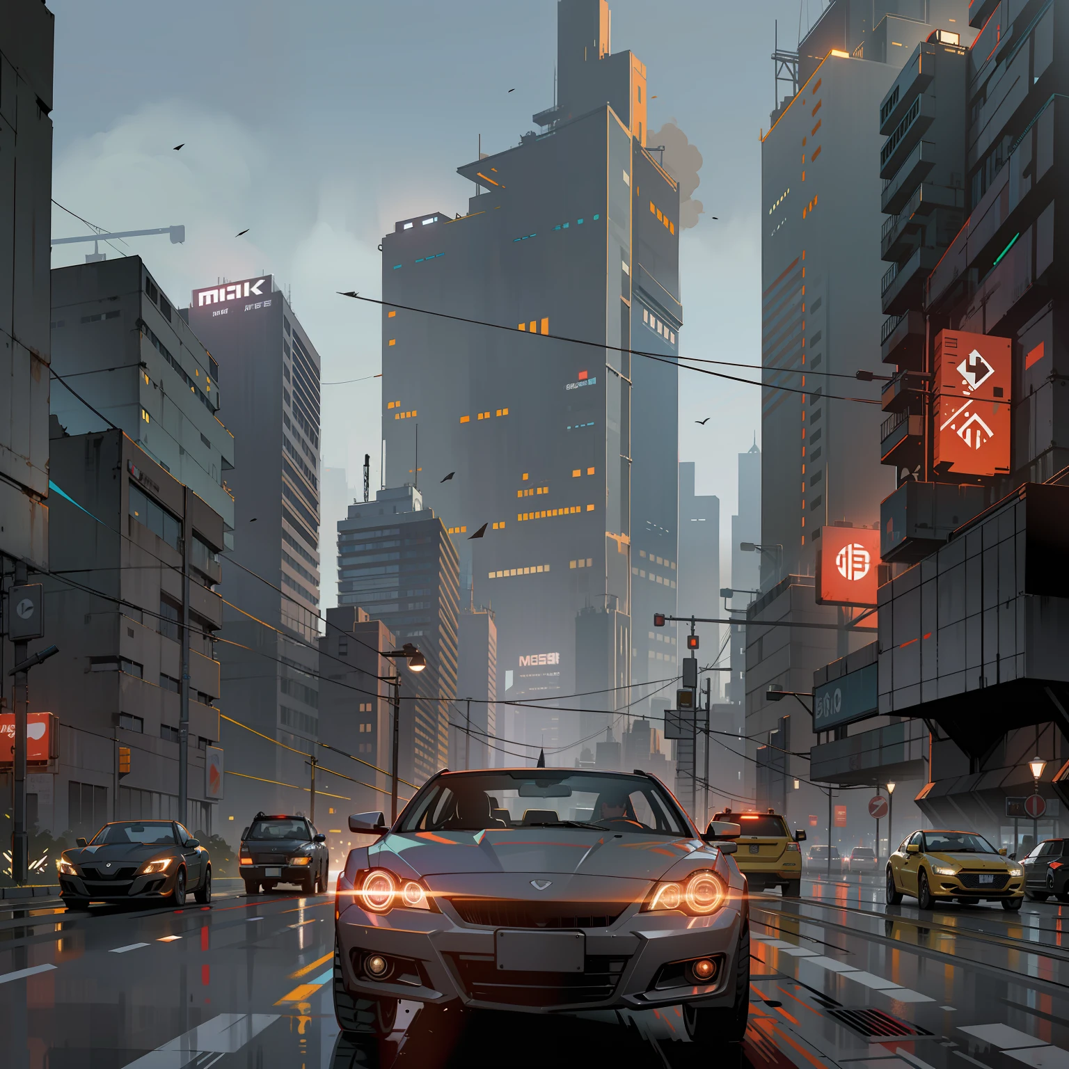 Behind the city background, cyberpunk style, night, strong contrast, no other debris around, car running at high speed on the highway, the environment is night, black sky, a car --auto --s2